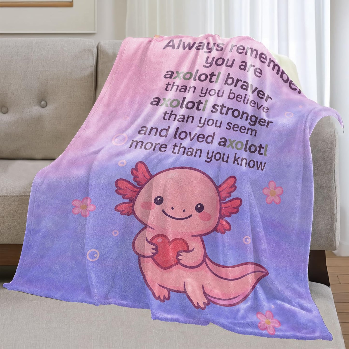 olpddz Cute Axolotl Blanket Inspirational Gifts for Women Men Kids,60x50inch,Pink Cartoon Animal Blankets,Encouragement Throw for Friend,Family,Bedroom,Couch,Living Room Birthday Decor Throws