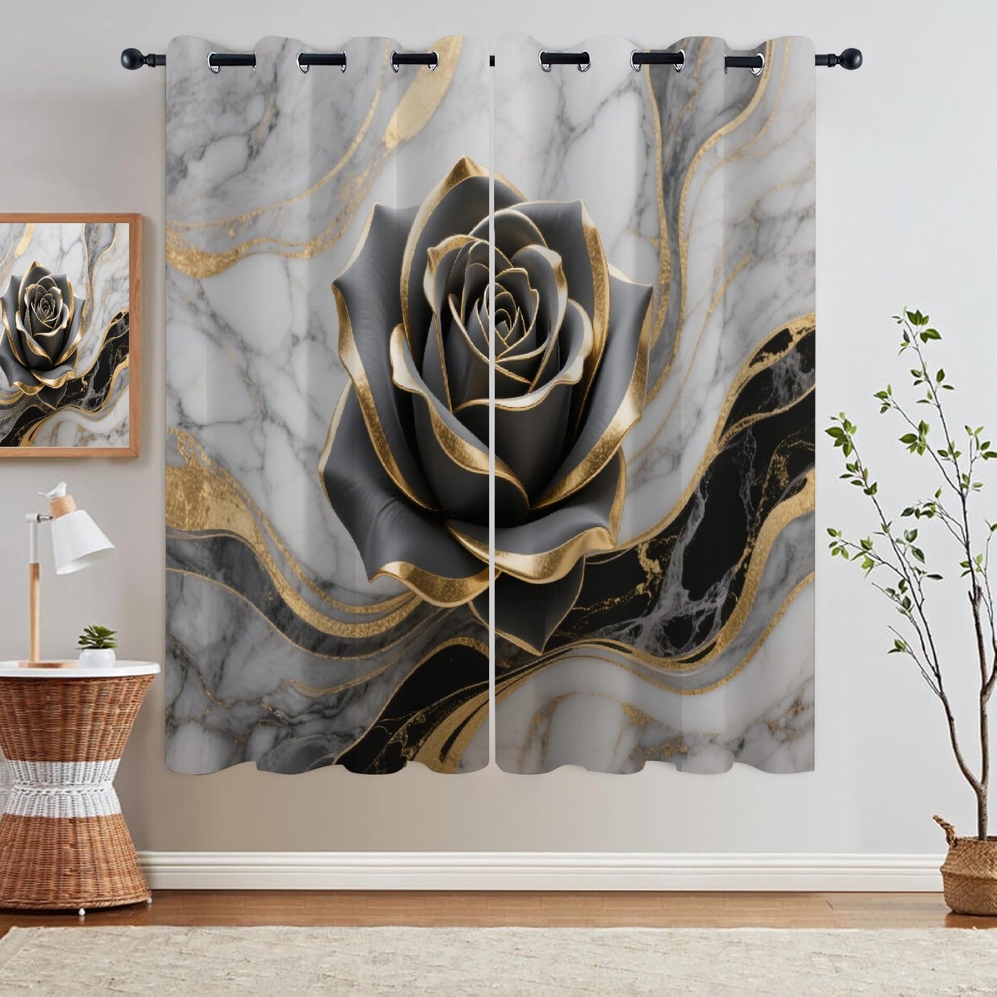 Black Elegant Rose Blackout Curtains, Bright Gold Texture 3D Print Pattern Curtain, 2 Panels Thermal Insulated Top Grommet Darkening Drapes for Living Room Bedroom(84" W x 84 "L)