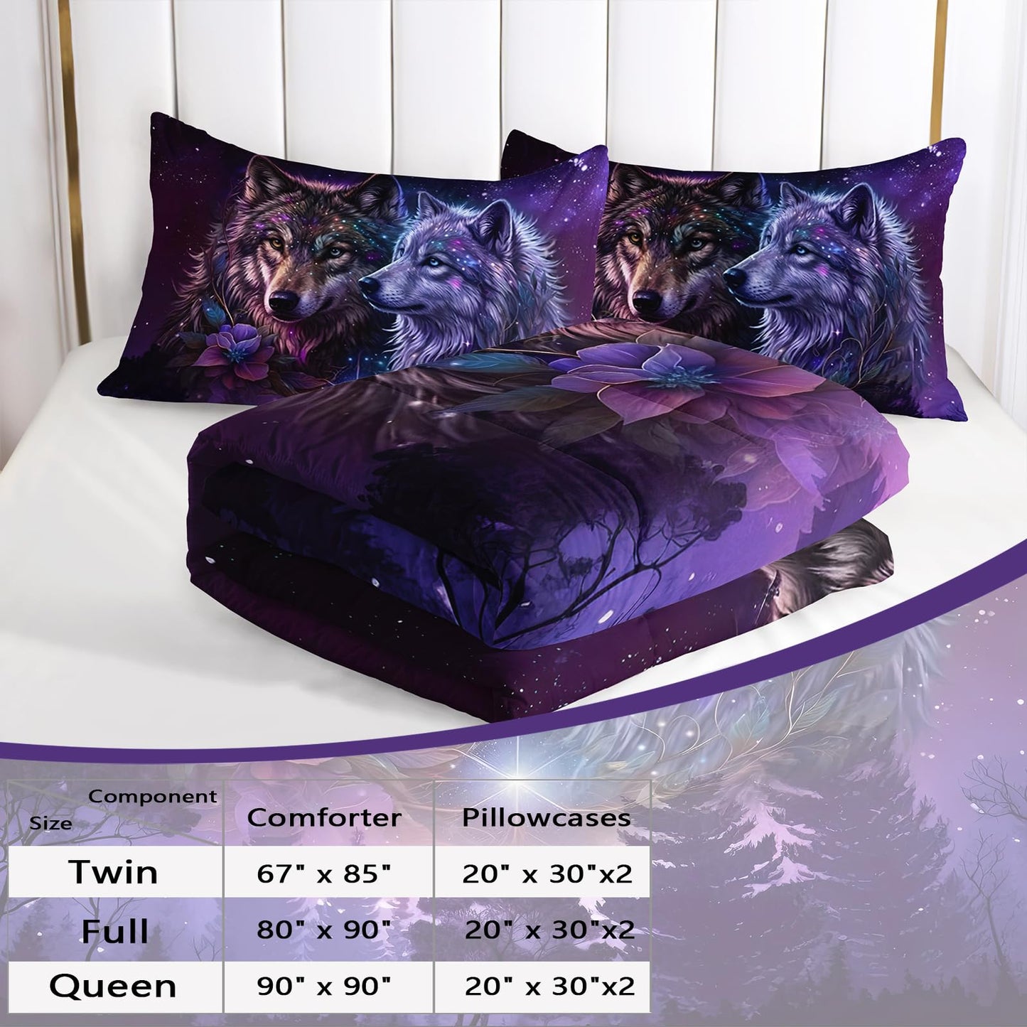 AILONEN Wolf Comforter Set Queen Size - 3Pcs Purple Starry Night Galaxy Bedding for Boys Men, Wild Animals Print Duvet with 2 Pillowcases