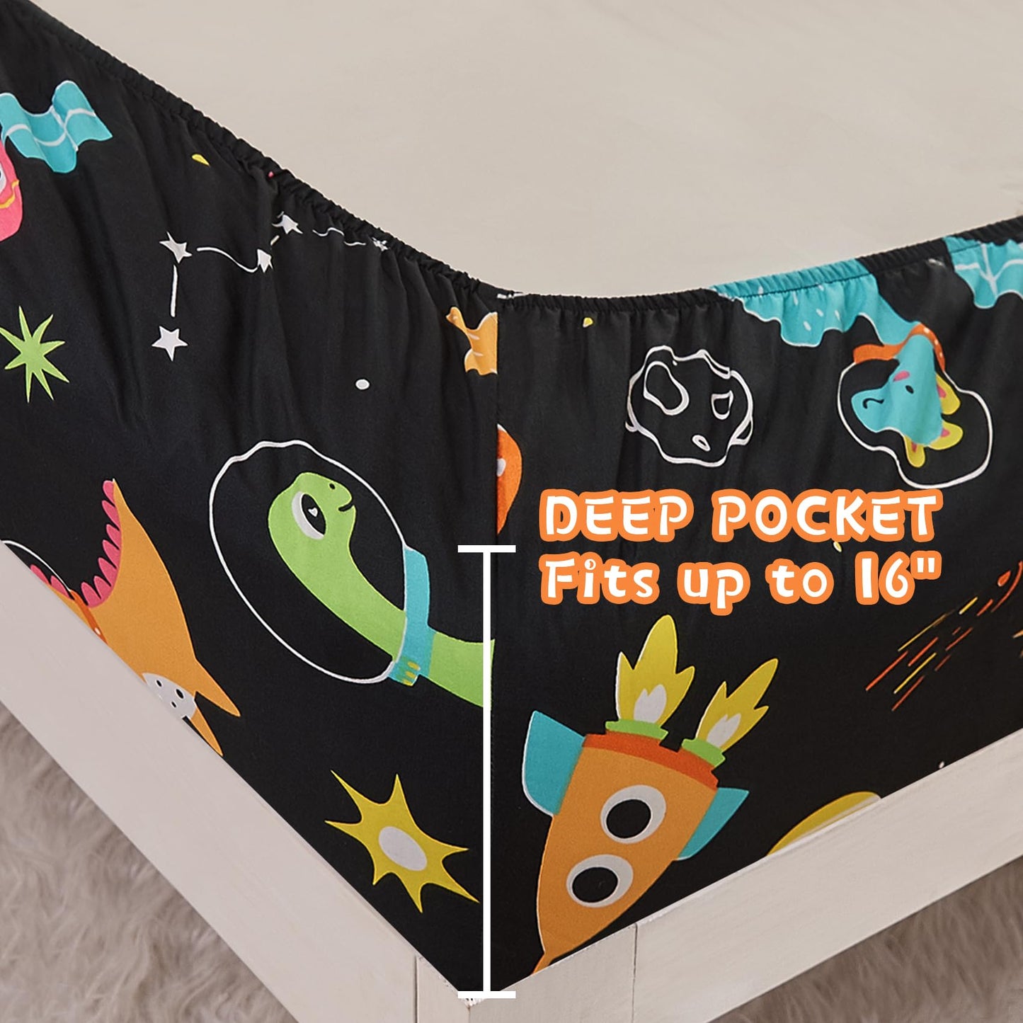 Yibeizi Space Dinosaur Full Size Sheet Set for Boys, Kids Cute Planet Printed Microfiber Bedsheet Deep Pocket Bedding Sheets & Pillowcases 4 Pieces