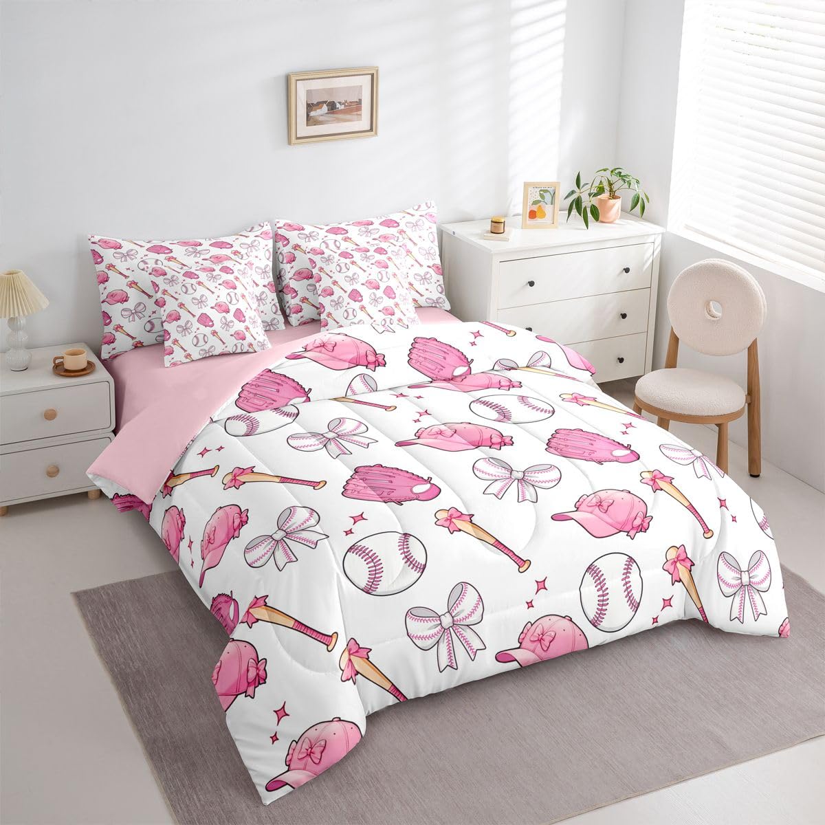 Castle Fairy Baseball Bow 7 Piece Comforter & Sheet Sets Full Size,Pink Bowknot Bedding Set Baseball Bat and Cap Bed in a Bag Cute Girly Sports Flat & Fitted Sheets,4 Pillow Covers