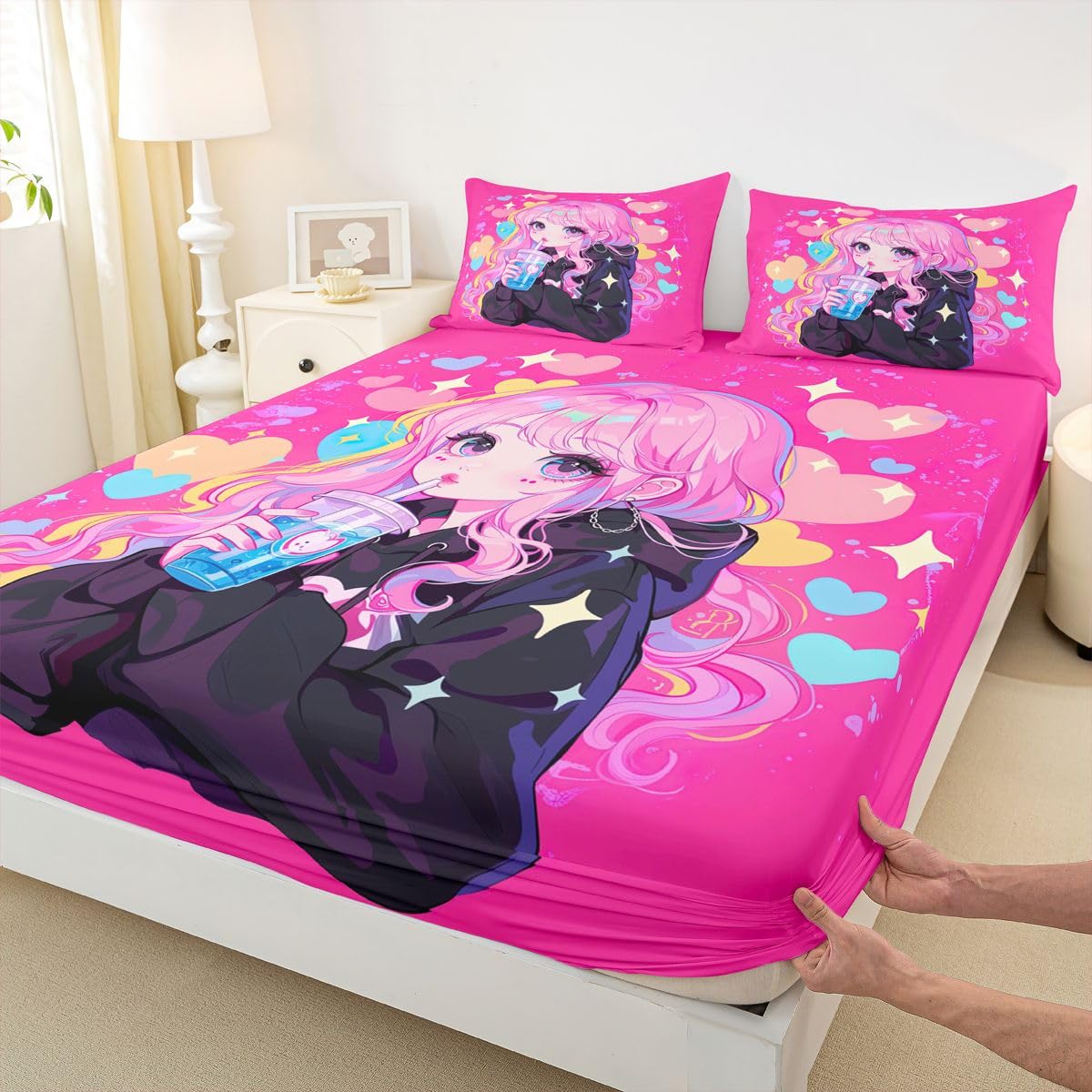 Preppy Girls Sheet Set Twin Kawaii Japanese Girl Drinking Water Bed Sheets Set Coquette Girl With Colorful Curly Hair Sheets For Boys Girls Pink Anime Gifts Flat Fitted Sheet With 1 Pillow Case