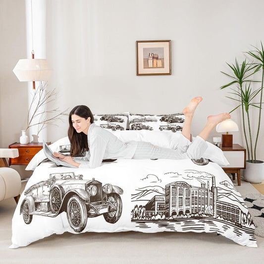 Manfei Retro Car Kids Duvet Cover Set Queen Size, Vintage Train Trailer Comforter Cover, Steam Locomotive Bedding Set for Boys Girls Adults, Lightweight Bedspread Cover, 2 Pillowcases,No Comforter