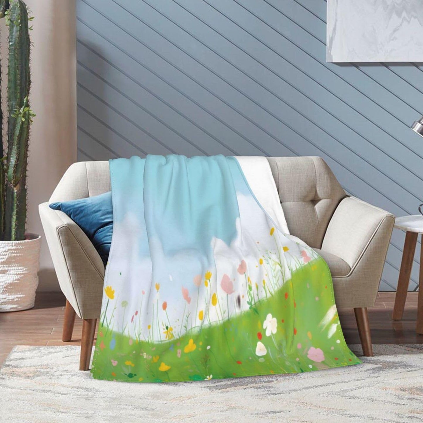 Blue Sky Grassland Flowers Throw Blanket for Couch Soft Blanket for Bed Bed Sofa Decor for Living Room Bedroom 60"X50"