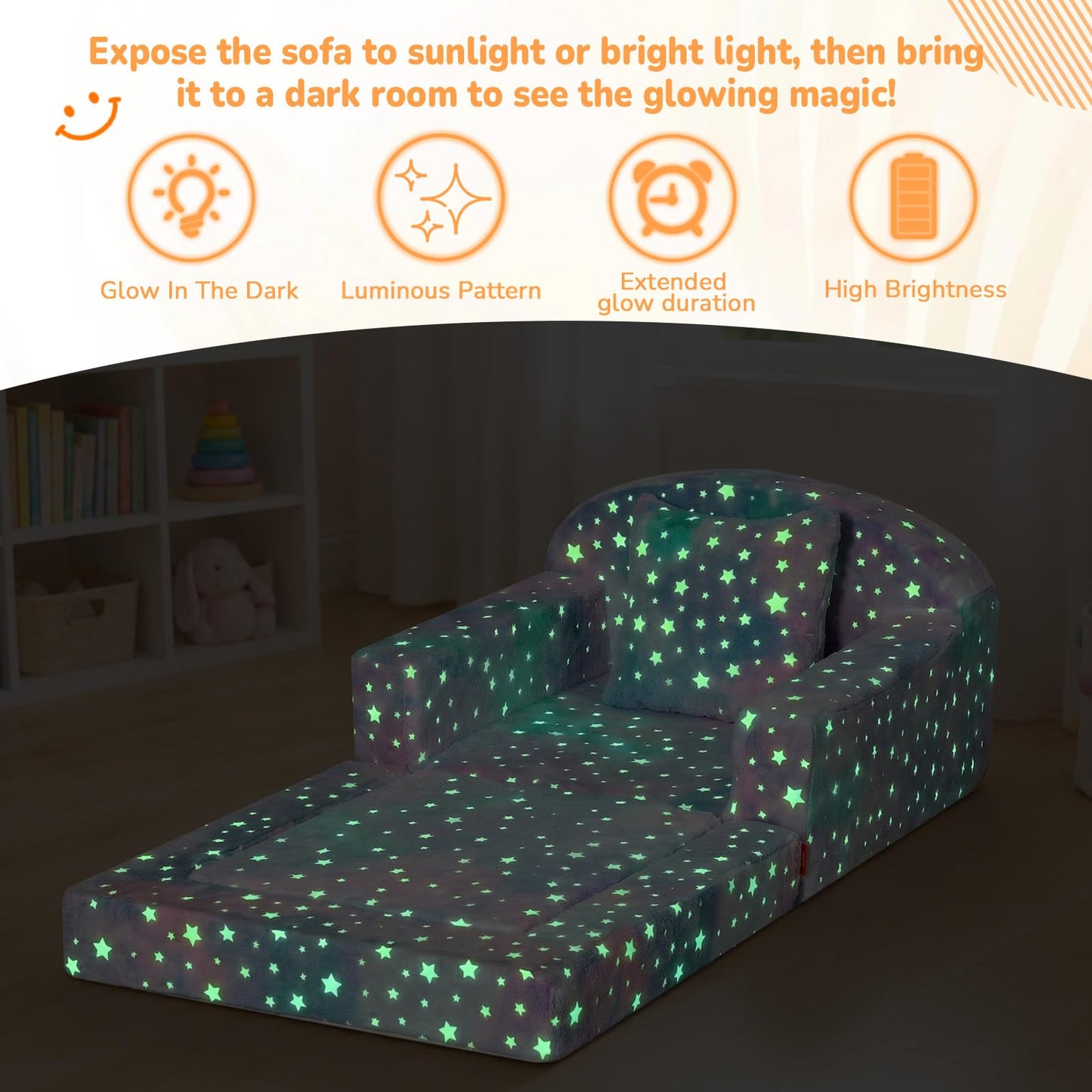 MeMoreCool Glowing Star Kids Chair, 2-in-1 Convertible Kids Couch Fold Out to Lounger, Glow-in-the-Dark Star Sofa for Boys Girls, Soft Foam Flip-Out Seat with Washable Cover