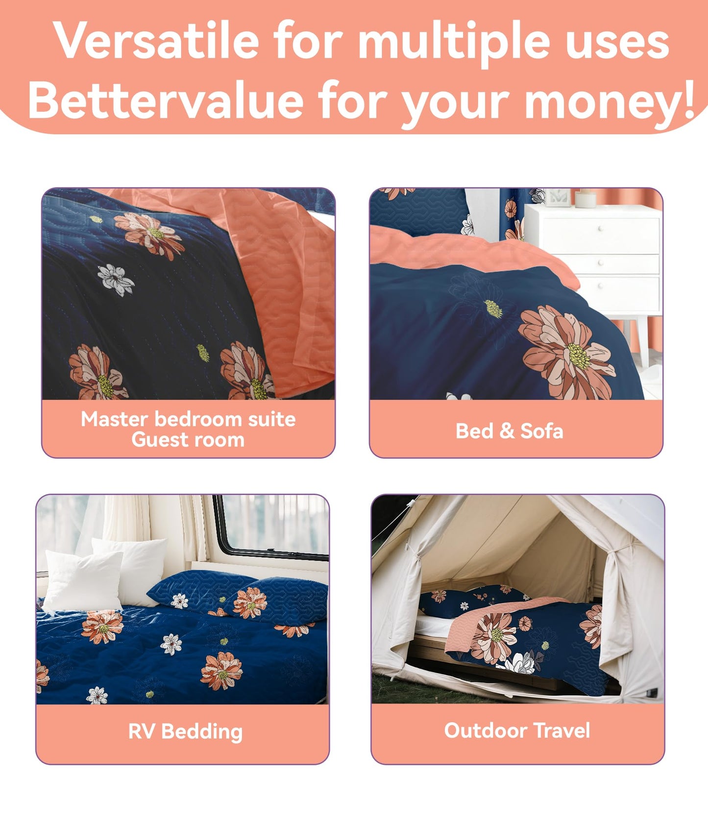 Reylox 9 Pcs King Bed in A Bag with Curtains | Navy/Orange Floral Bedspread, 2 Pillowcases, 2 Print & 4 Solid Curtains | Microfiber, Moisture-Wicking | Bedroom | King Size Comforter Set with Curtains