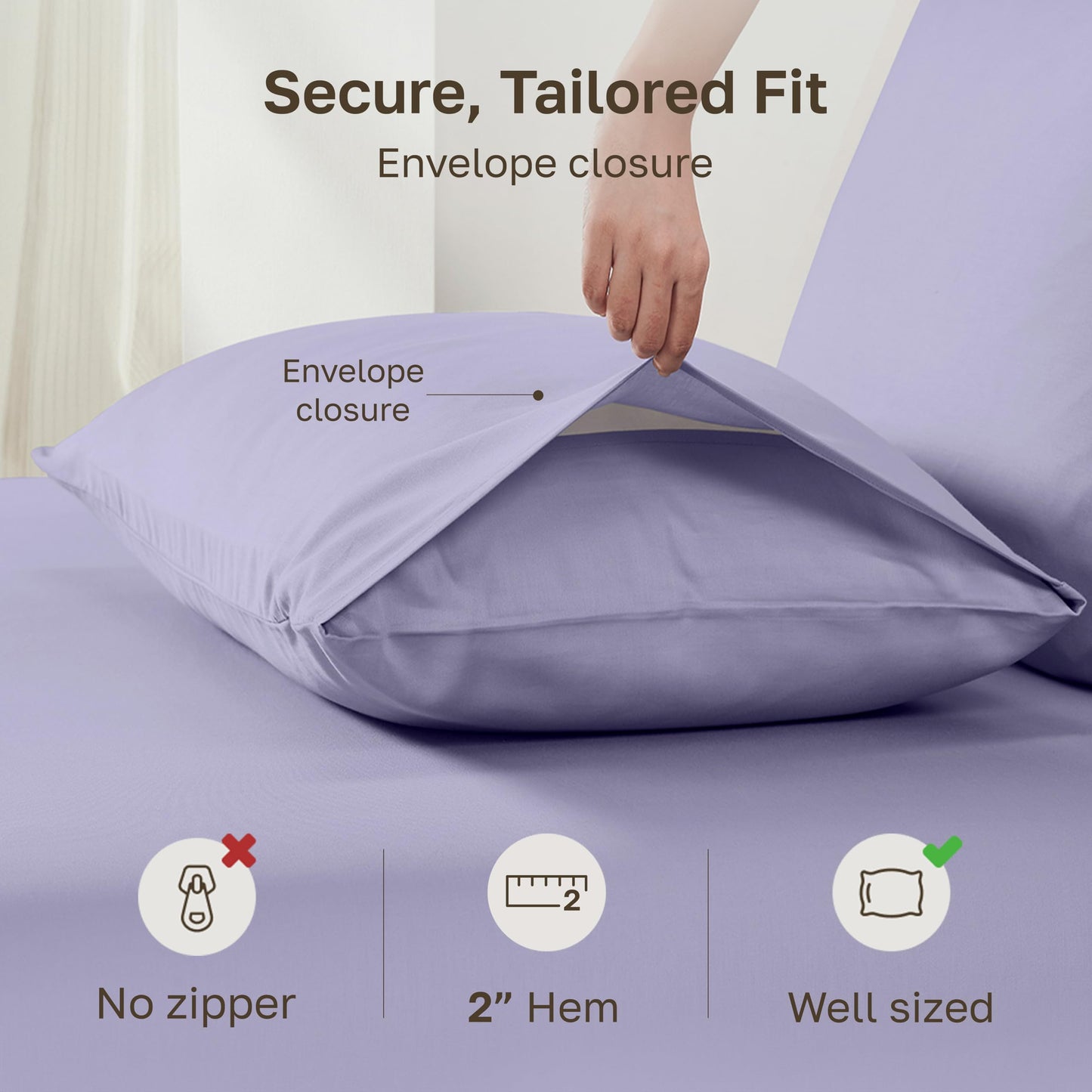 California Design Den Natural 100% Cotton Pillow Cases Queen Size Set of 2 - Cotton Pillow Cases Standard Size/Queen Size, Sateen, Envelope Closure, Gentle on Skin, Soft and Durable - Lavender