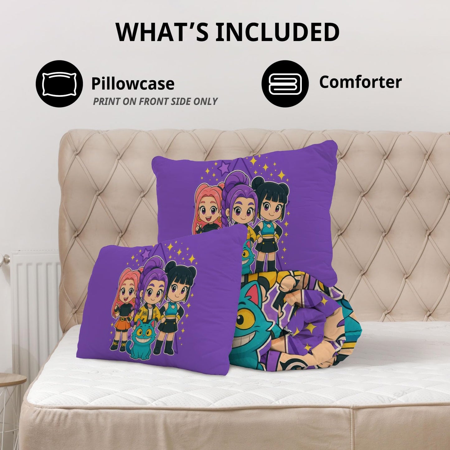 Allenjoy Cute Anime Purple Korean Hunter Comforter Set with 1 Pillowcase for Daughter Teens Fans Girls Women Bedroom Nursery Bedding Room Decor, Machine Washable Durable, Twin Size