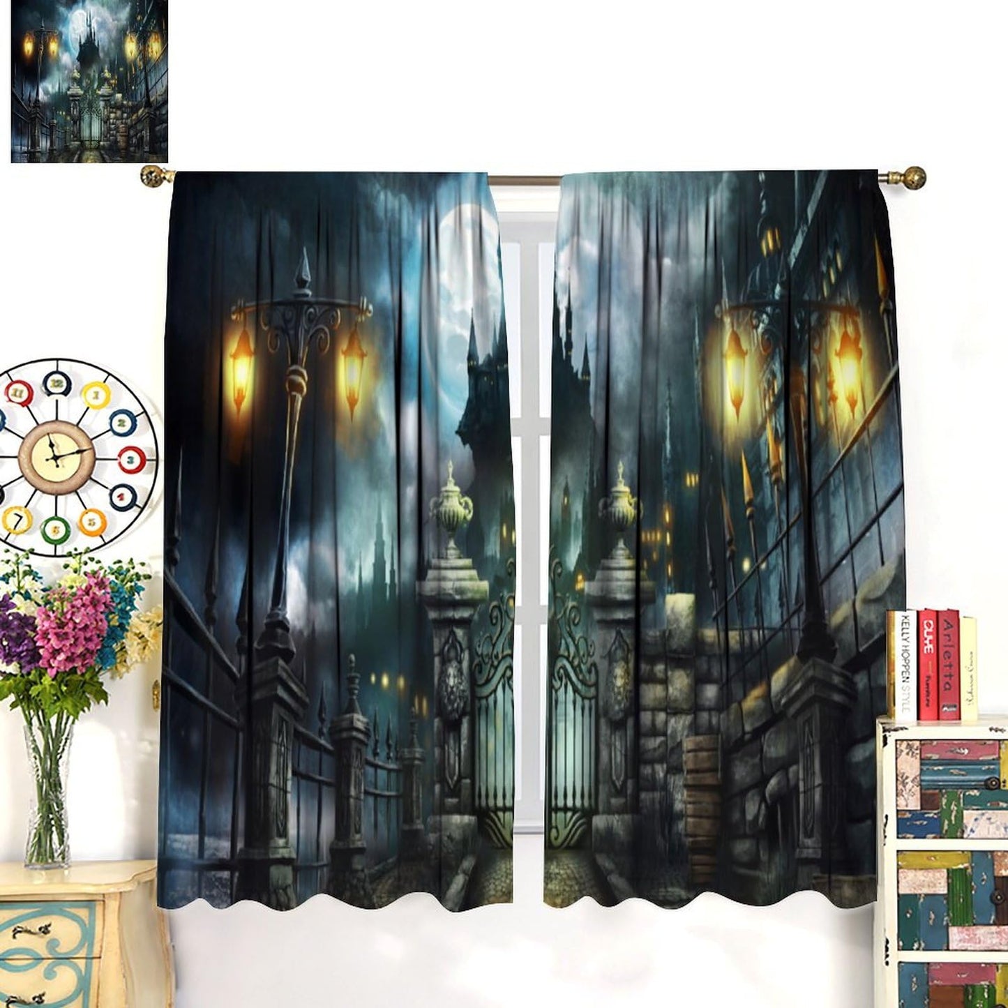 HZOHNAGO Castle Curtain Halloween Gothic Pattern Print Decor Rod Pocket Window Drapes for Bedroom Living Room 42x45in