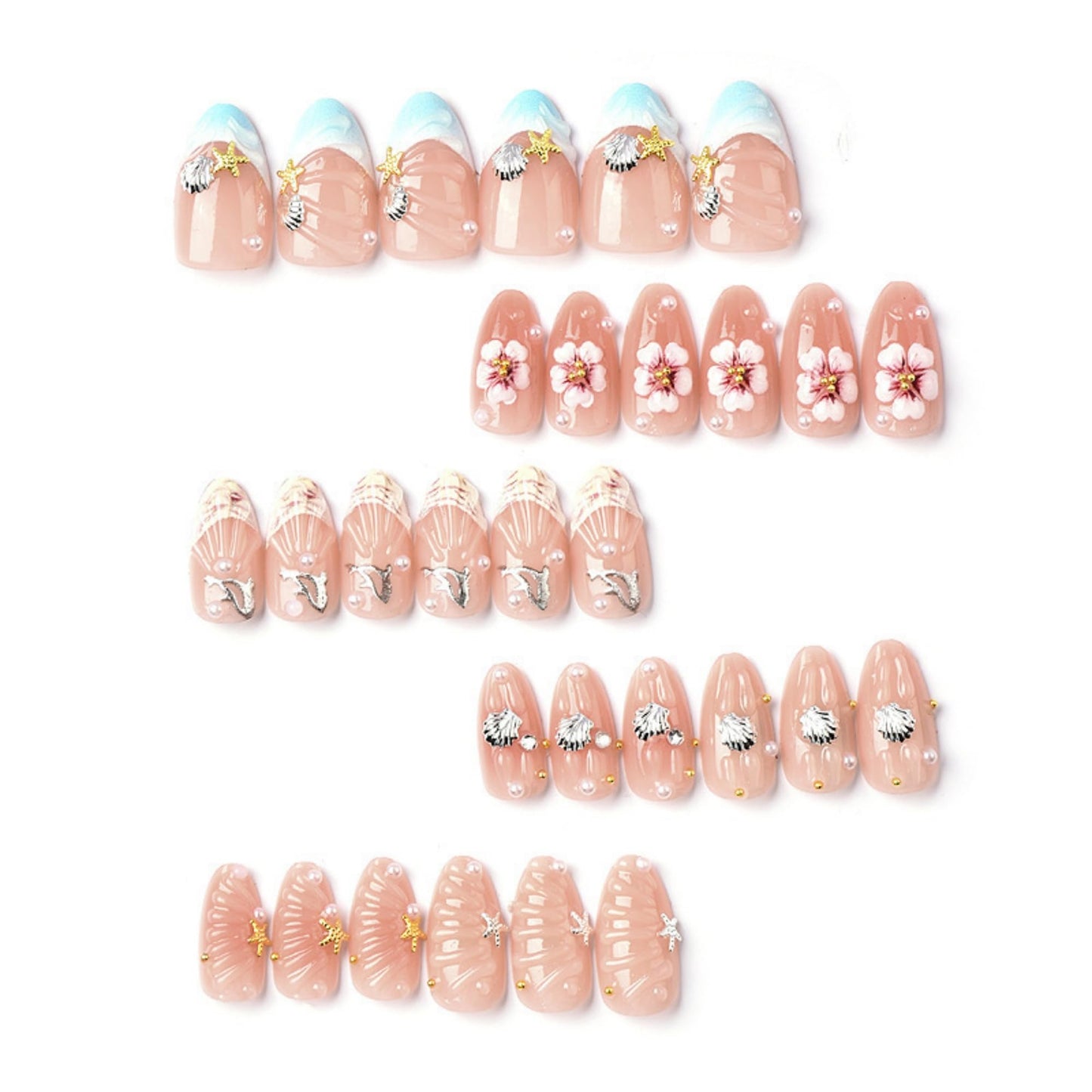 octoswave Press on Nails Medium Almond Fake Nails 3D French Artificial Nail Flowers and Pearl Charm Stick on Nail for Women 24pcs