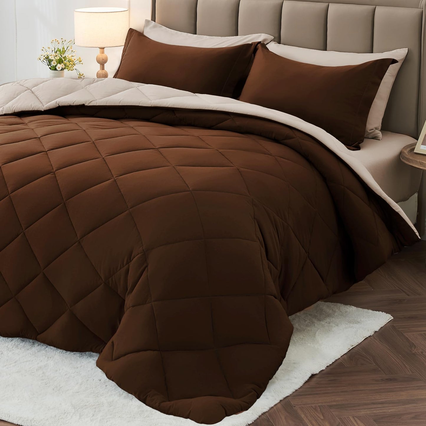 MUXHOMO 7 Pieces California King Comforter Set, Reversible Bed in a Bag Cal King Size, All Season Bedding Set with Comforter, Flat Sheet, Fitted Sheet, Pillowcases & Shams, Brown & Khaki