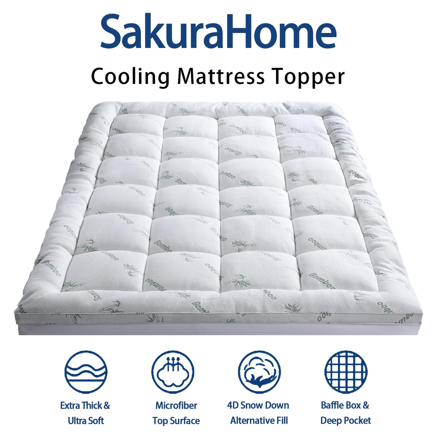 Mattress Topper Queen Size, Cooling Extra Thick Breathable Viscose Made from Bamboo Mattress pad, Soft Quilted Fitted Mattress Cover with 1000 GSM Down Alternative Fill (8-21”Deep Pocket)
