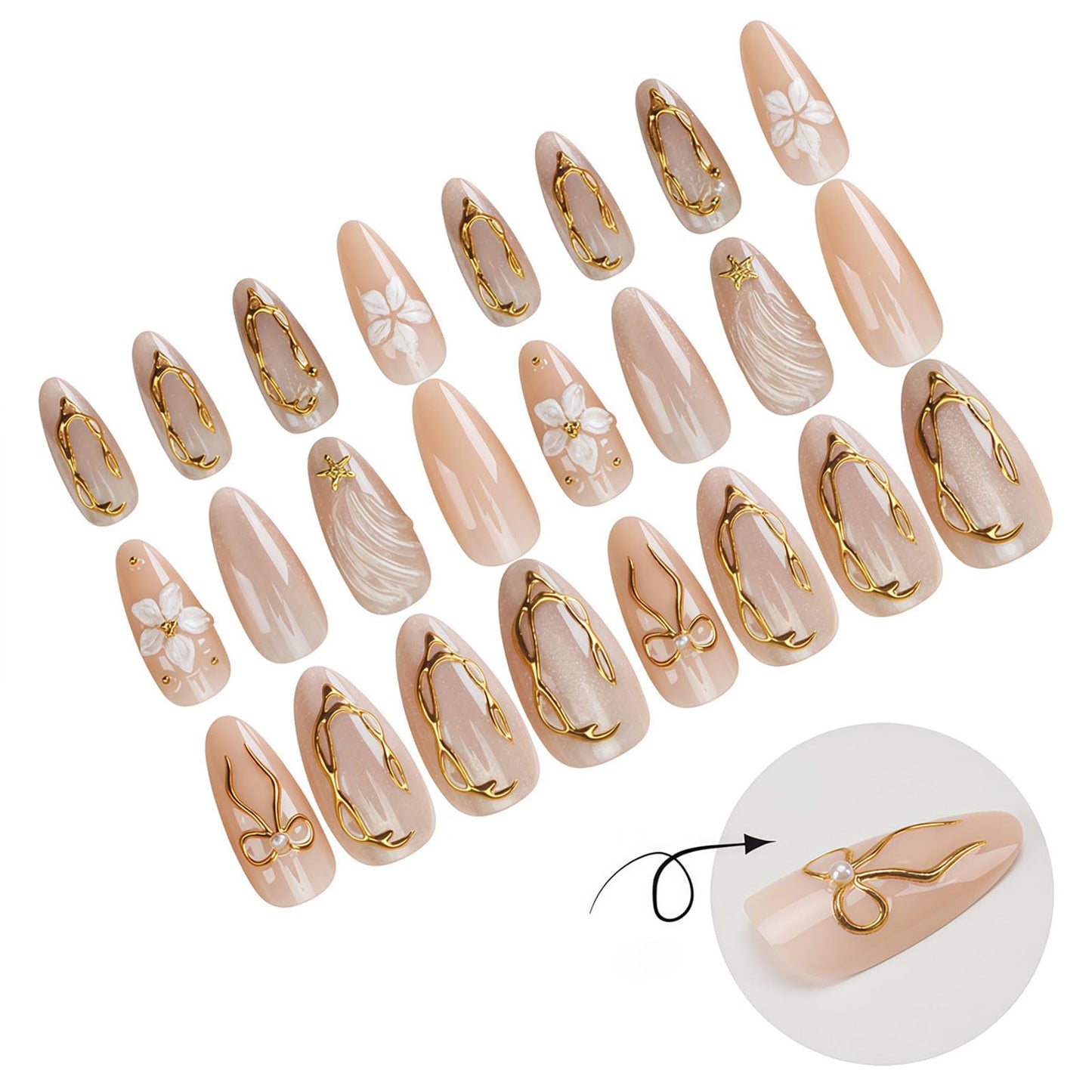 RUOKEXIN Almond Press on Nails Medium Fake Nails Nude False Nails with 3D Gold Bow Designs Full Cover Nail Press ons Sparkly Artificial Nails for Women 24Pcs