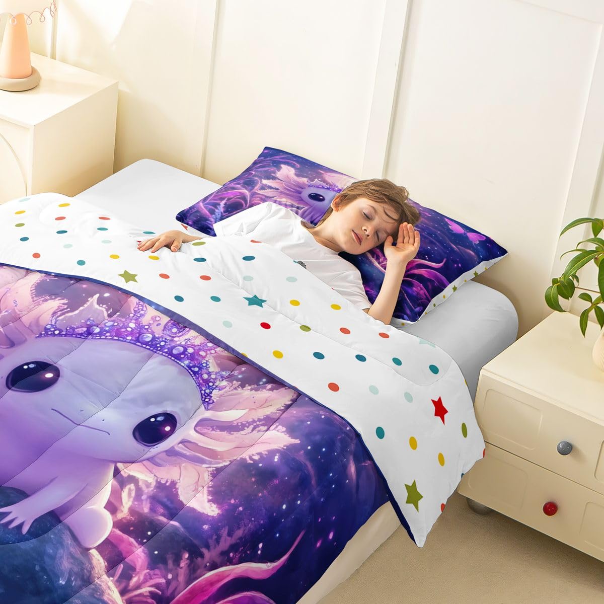 Manfei Salamander Kids Comforter Toddler Size,Cute Axolot Starry Sky Pattern Quilt Set for Kids Boys Girls Bedroom Decor,Galaxy Fantasy Cartoon Style Bedding Set,Purple Duvet Insert,1 Pillowcase