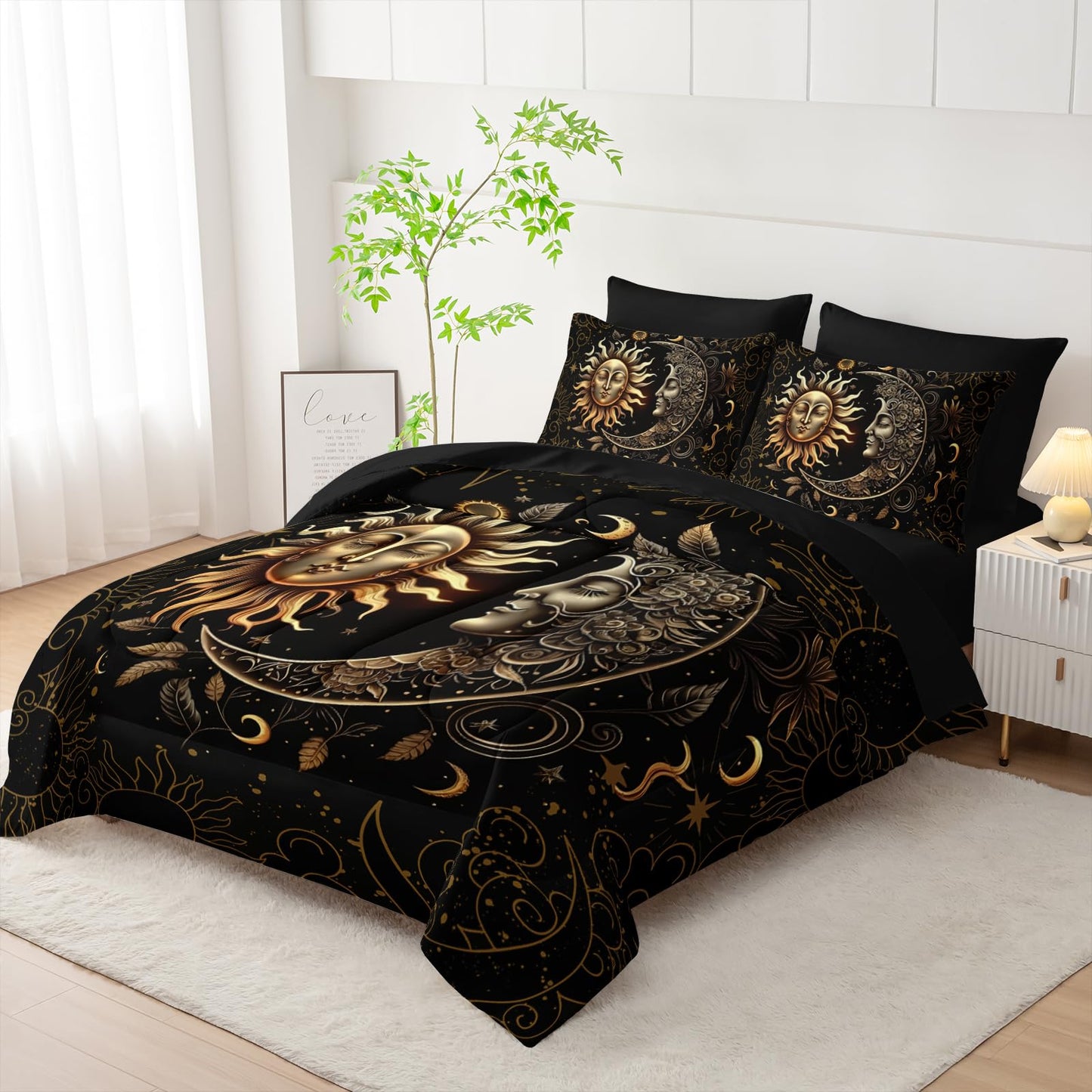 AILONEN Sun and Moon Comforter Set Queen - 7Pcs Soft Black Gold Boho Bed in a Bag -Including Comforter,Fitted Sheet,Flat Sheet,2 Pillowcases,2 Pillow Shams for Room