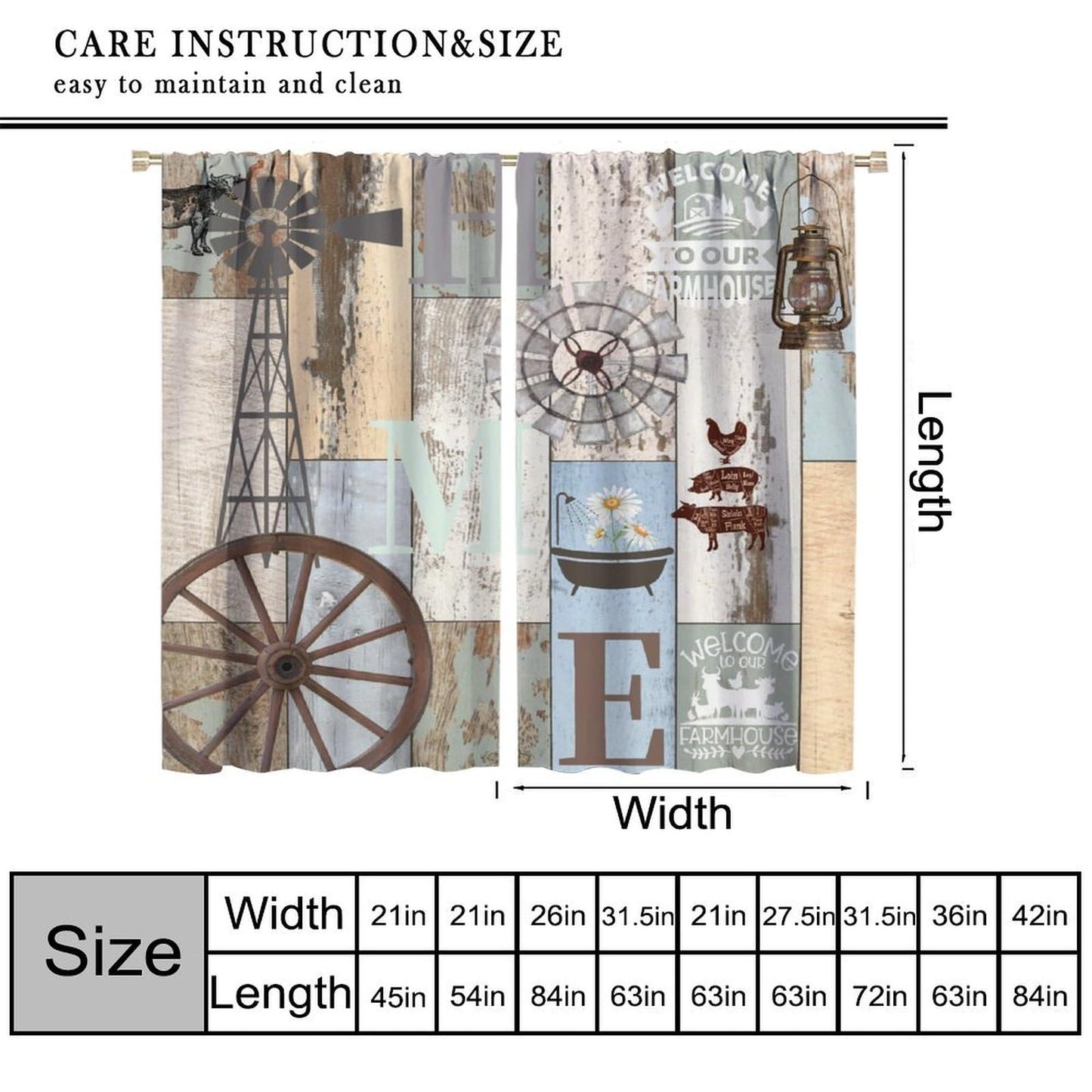 wlsgdsg Rustic Curtains,Retro Rustic Farmhouse Animal Barn Door Windmill Daisy Window Treatments Curtains Cafe Bedroom Office Dining Room Living Room Kitchen Drapes, 42x45 in