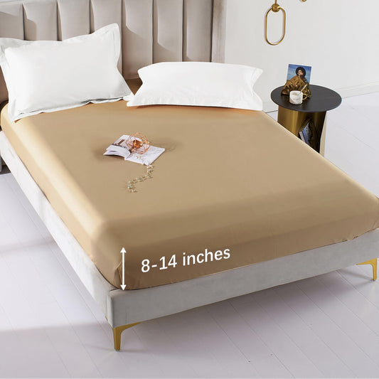 MILDLY Deep Pocket Fitted Sheet Only Queen Size 60"x80" 100% Long Staple Cotton Champagne Gold Breathable Bottom Sheet Fits Up to 14" Deep Mattress