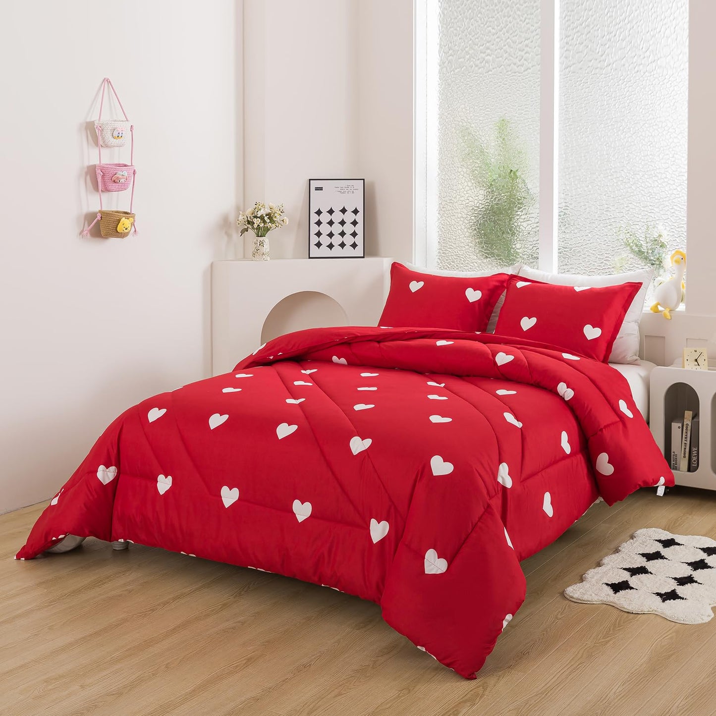 Caressma Love Comforter Set Twin Size - Cute White Heart Print Red Bedding Comforter with Matching Pillowshams