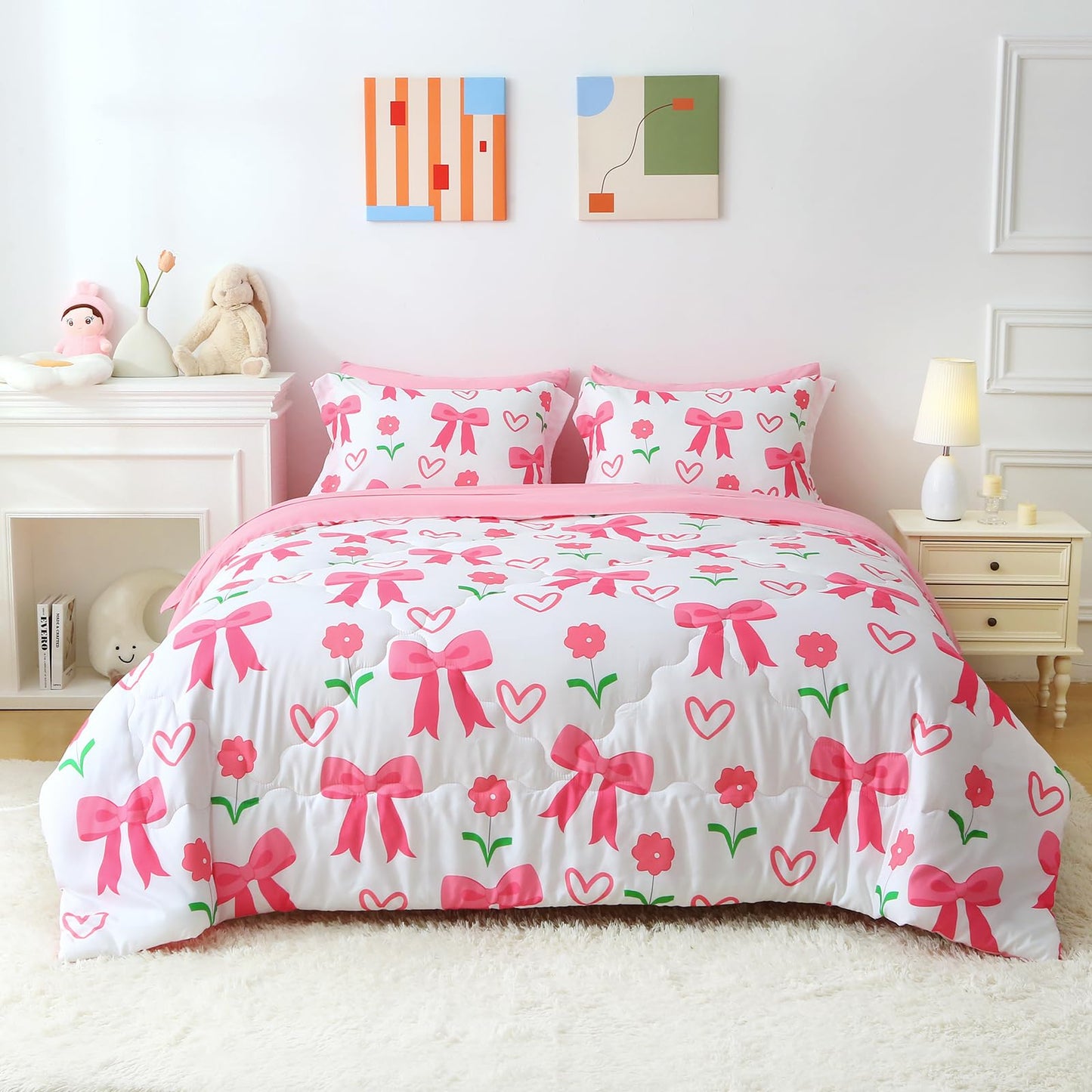 Jameswish Pink Bow Comforter 7 Pieces Comforter Set Full Size Pink Flower Bow Comforter for Girls Kids Romantic Princess Style Bow Tie Bedding Set Super Soft All Season