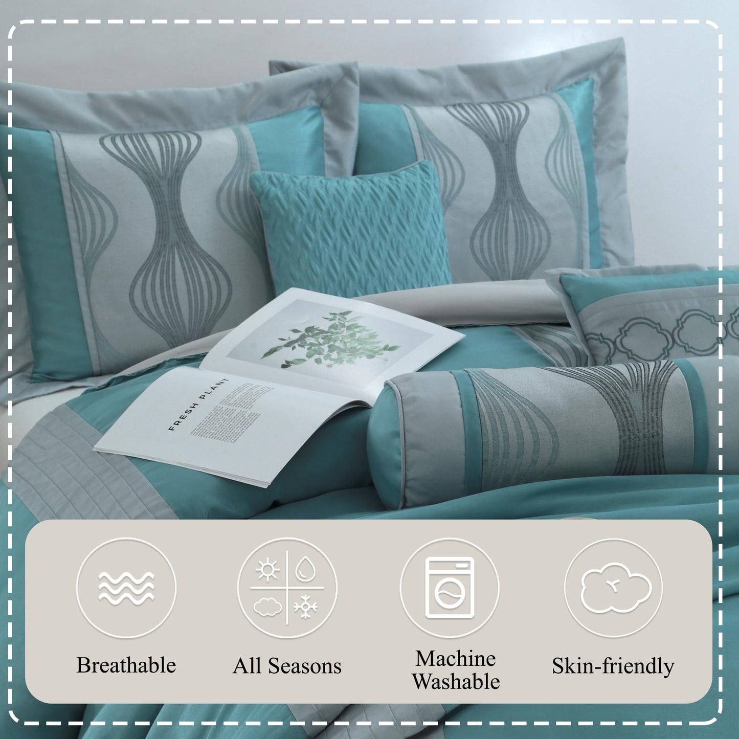 Stratford Park 7 Piece Blue Comforter Set, Queen Size Jacquard Bedding Set, All Season Geometric Patchwork Bedding Set, Matching Pillows, Shams, Bed Skirt