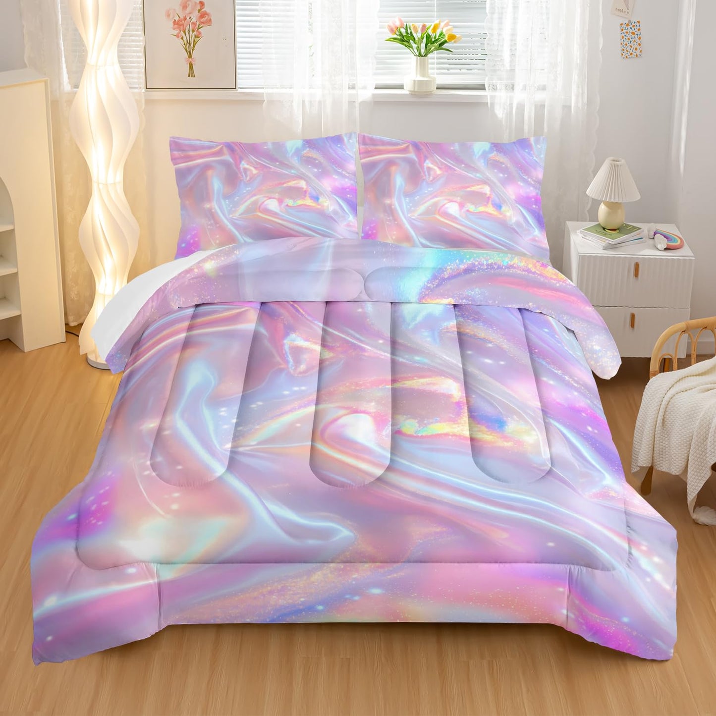 Nttopship Pink Abstract Art Comforter Modern Abstract Comforter Set,Rainbow Gradient Star Bedding Set Full Size 3PCS,Mordern Art Decor All Season Lightweight Soft Microfiber with 2 Pillow Shams