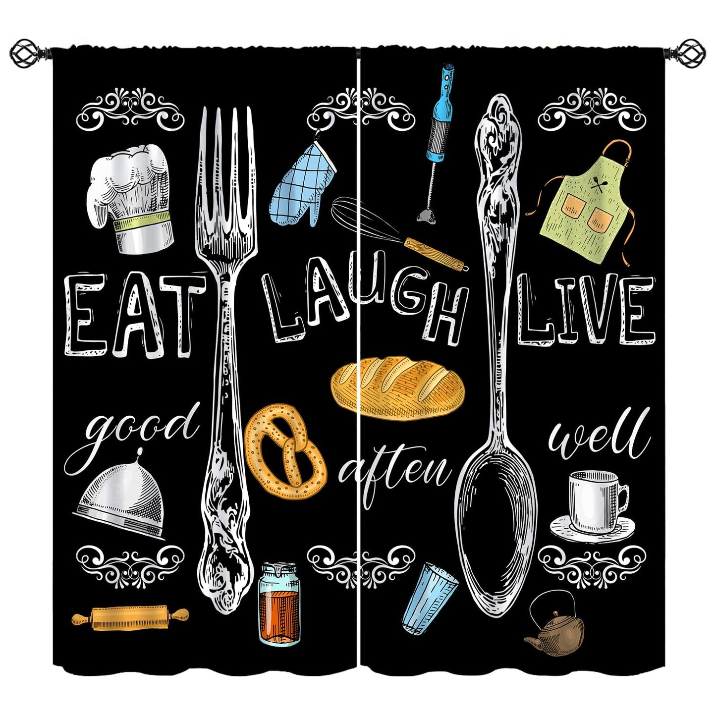 Djaby Farmhouse Retro Kitchen Curtains, Vintage Fork Spoon Cook Theme Cafe Window Treatment Drapes for Bedroom Living Room Dining Room 42" W X 45" L(No Blackout)