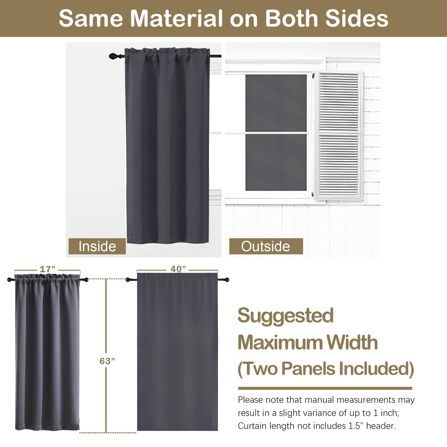 OVZME Charcoal Grey Blackout Curtains for Bedroom 63 Inch Length 2 Panels, Thermal Insulated Energy Saving Curtains for Bedroom, Dual Rod Pocket Window Treatment Blackout Drapes, 2x40Wx63L Inches