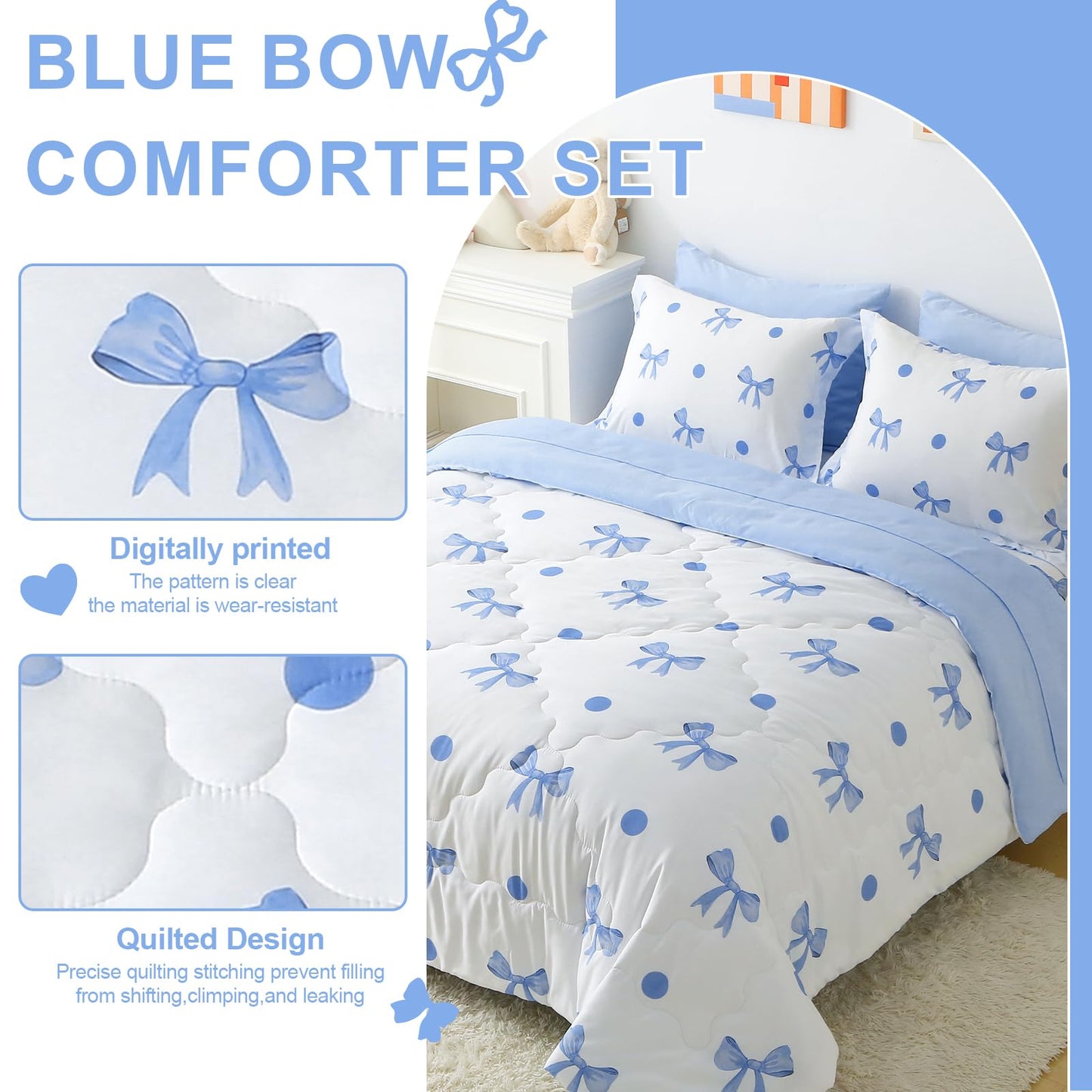 Wajade 7 Piece Blue Bow Comforter Set for Girls Kids Queen Size Bedding Set with Sheet and 2 Pillowcases 2 Pillow Shams Cute Girls Bed in a Bag as Birthday Choice