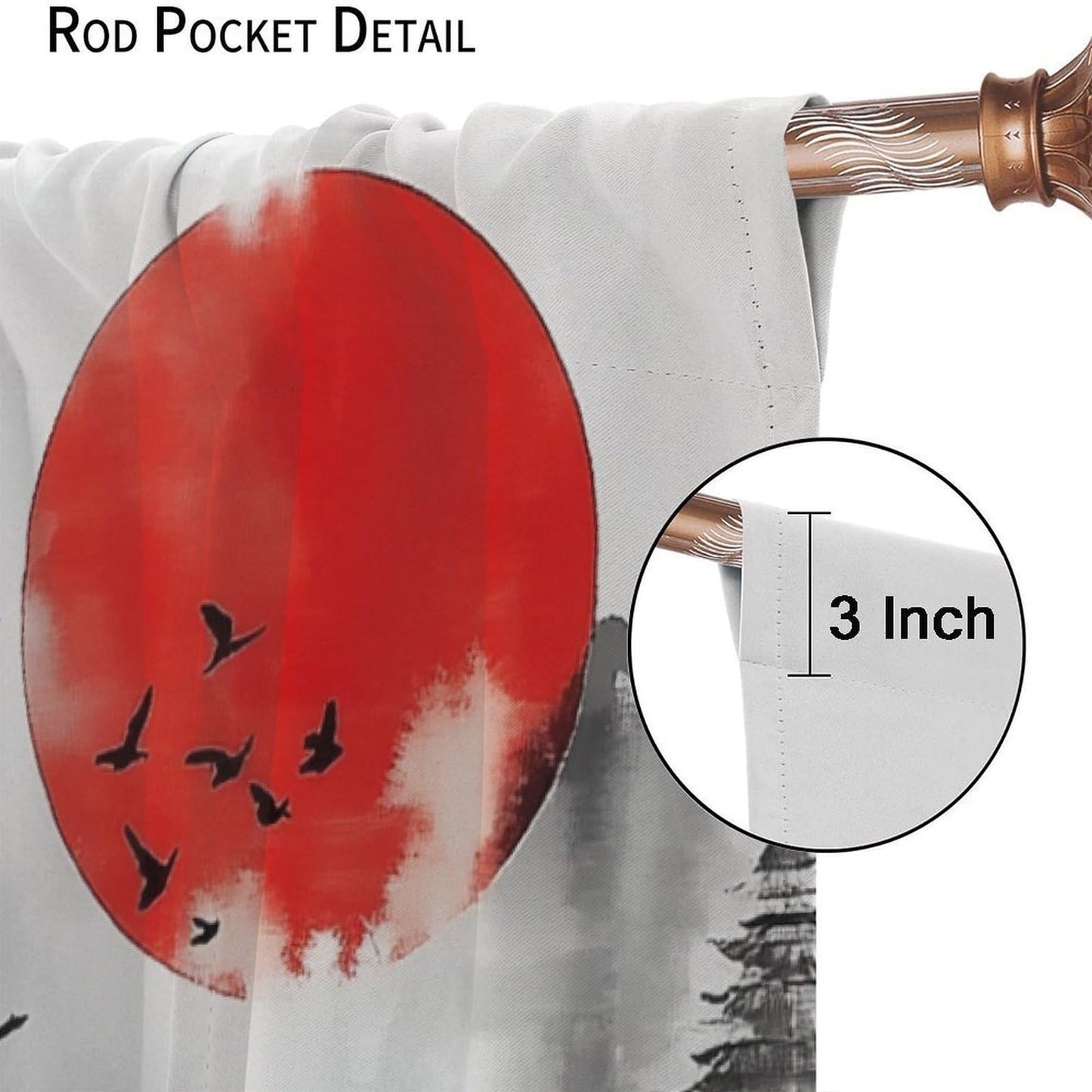 XBDDZSW Japanese Asian Curtain Watercolor Black Red Chinese Mountain Sun Tree Scenery Ink Pattern Print Bedroom Living Room Rod Pocket Window Drapes 2 Panels W42xL45 Inch Decor