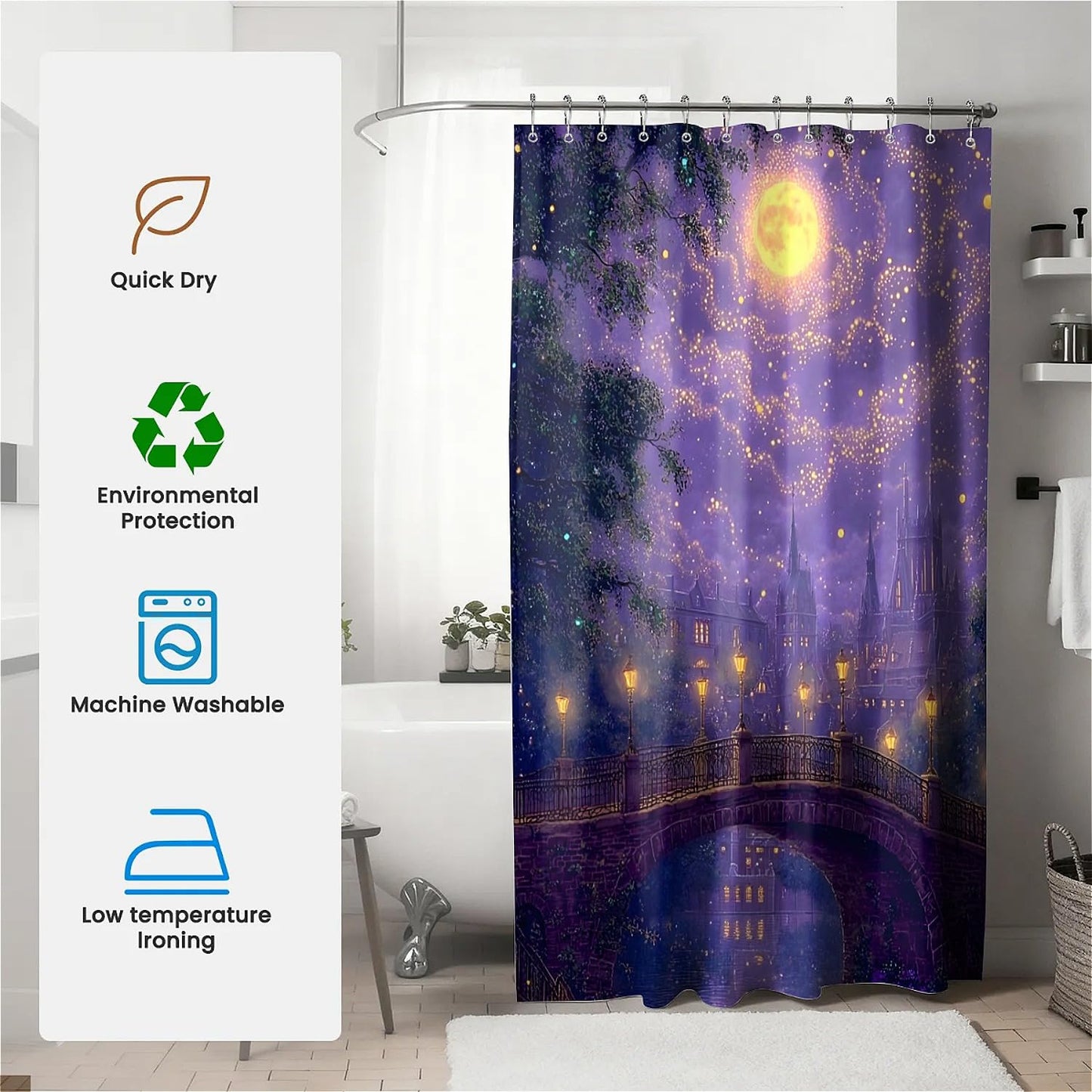 TANGXUNFA Purple Nighttime Landscape Shower Curtain for Bathroom, Water-Resistant Long Shower Curtain Set 72x72 Inch with Metal Grommets and 12 Metal Hooks