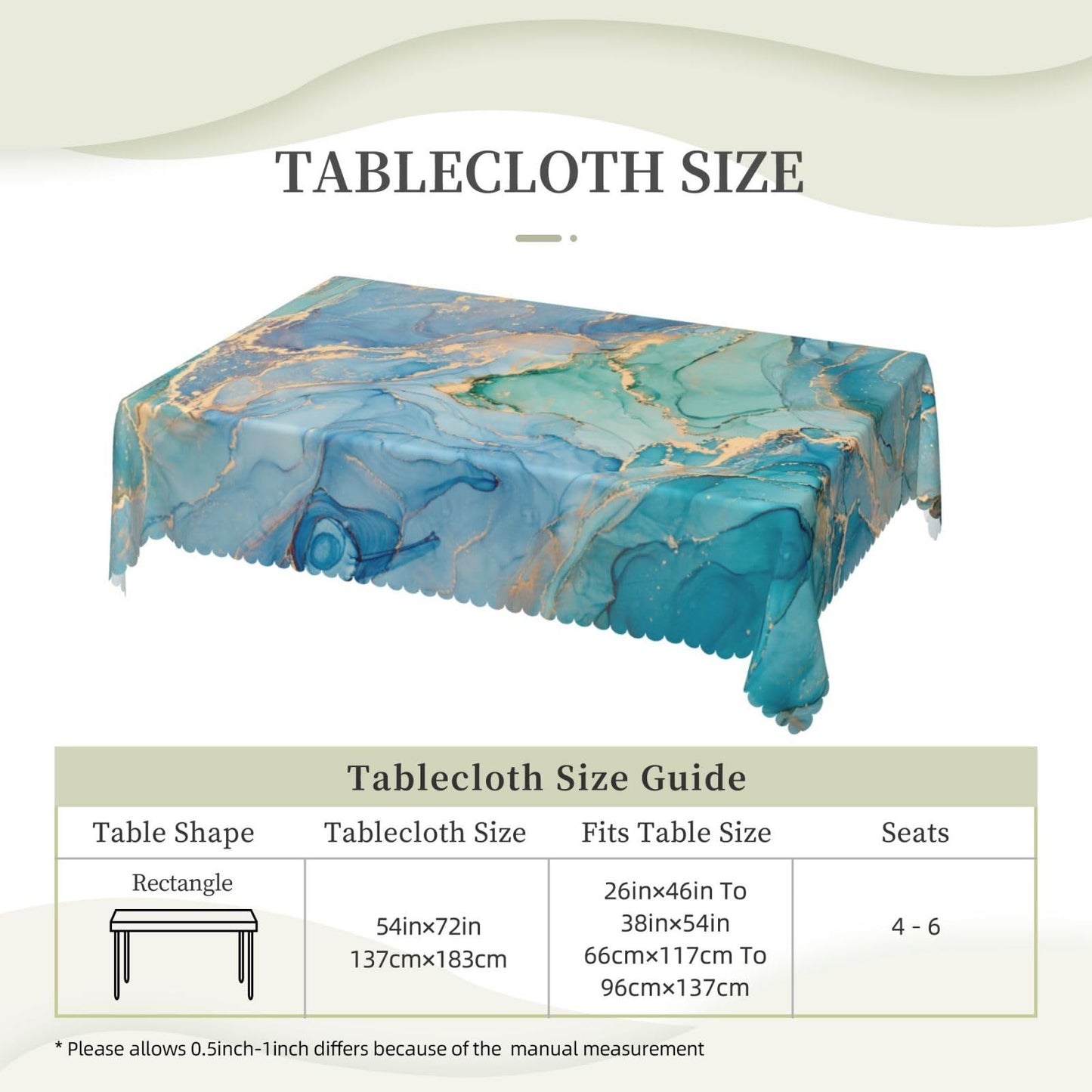 VIGGINER Teal Marble Rectangle Tablecloth Turquoise Blue Gold Table Cloth for Kitchen Dining Natural Luxury Abstract Fluid Tablecloths Table Cover Decor for Party Patio 54 x 72 Inch