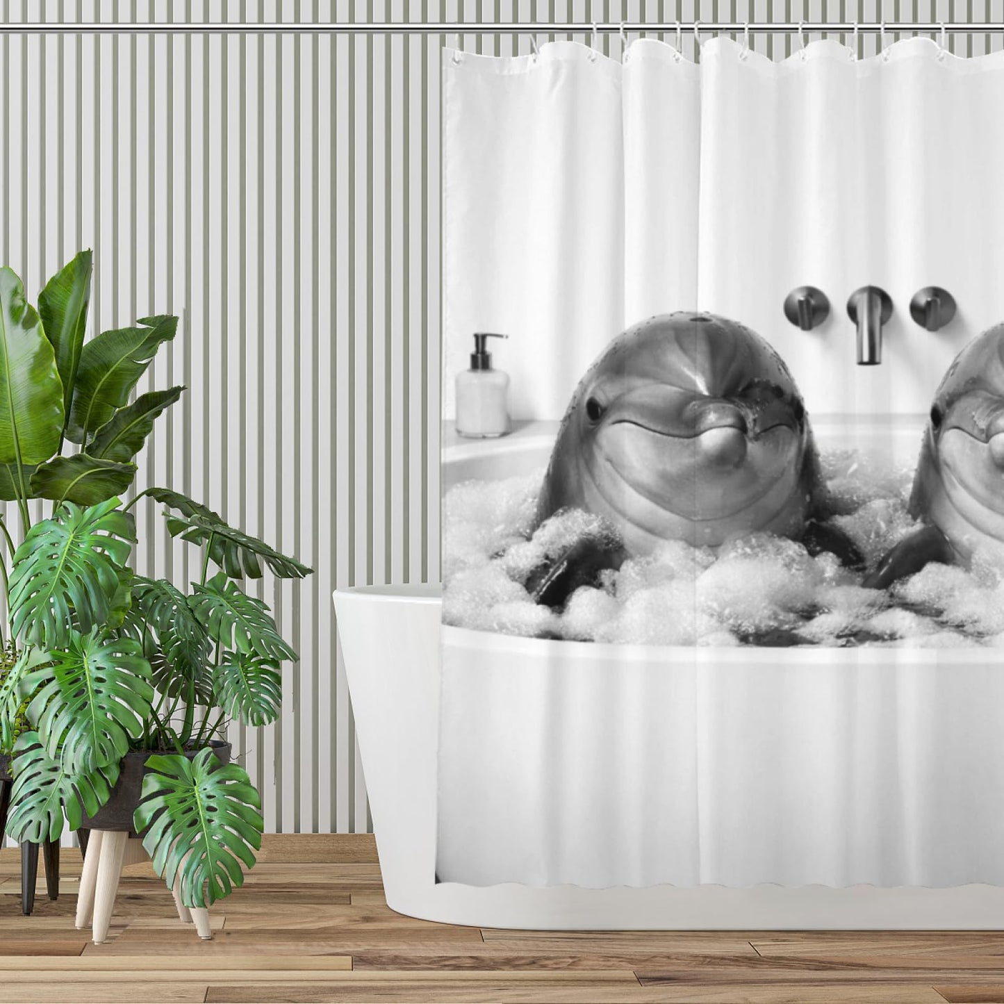 REZHOCH Modern Minimalist Funny Dolphin Shower Curtain 72x72 Inch, Luxury Black and White Cute Animals in Bathtub Bubbles Bathroom Decor,Waterproof Fabric Bath Set with Hooks