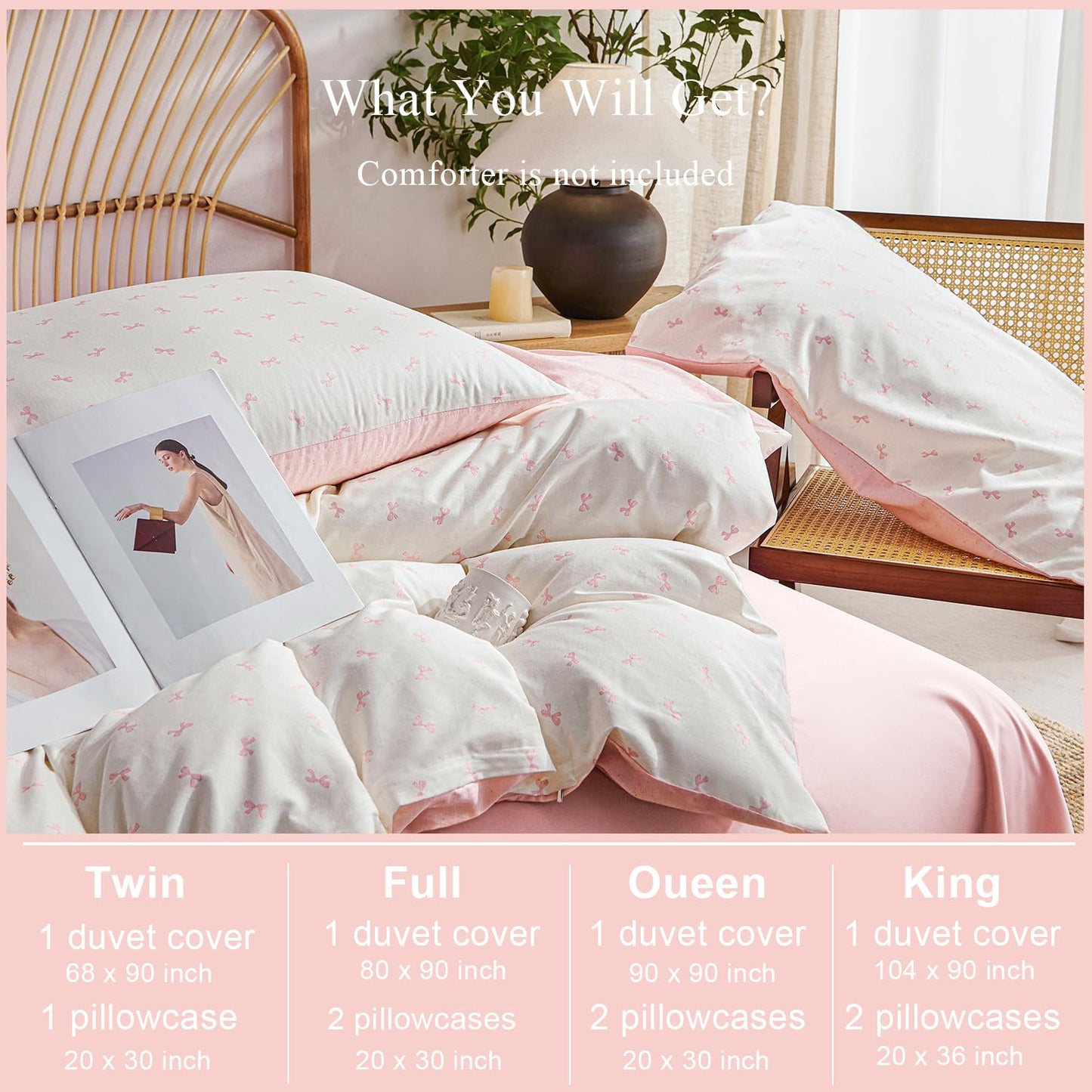 Jolusere Bow Duvet Cover Queen Size 100% Cotton Duvet Cover Set Girls Kids Reversible Pink Beige Comforter Cover 3 Pieces Soft & Breathable Pink Bowknot Bedding Set with 2 Pillowcases, Zipper Closure