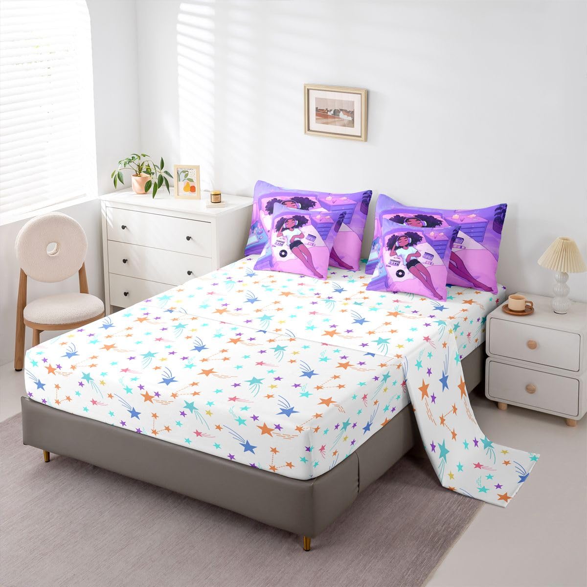 Erosebridal Cute Black Girls Magic Queen Bedding Set Cartoon Girl with Headphones Comforter Set Retro Vinyl Records 7-Piece Bed in a Bag Vibrant Purple Trendy Music Aesthetic Quilt Sets