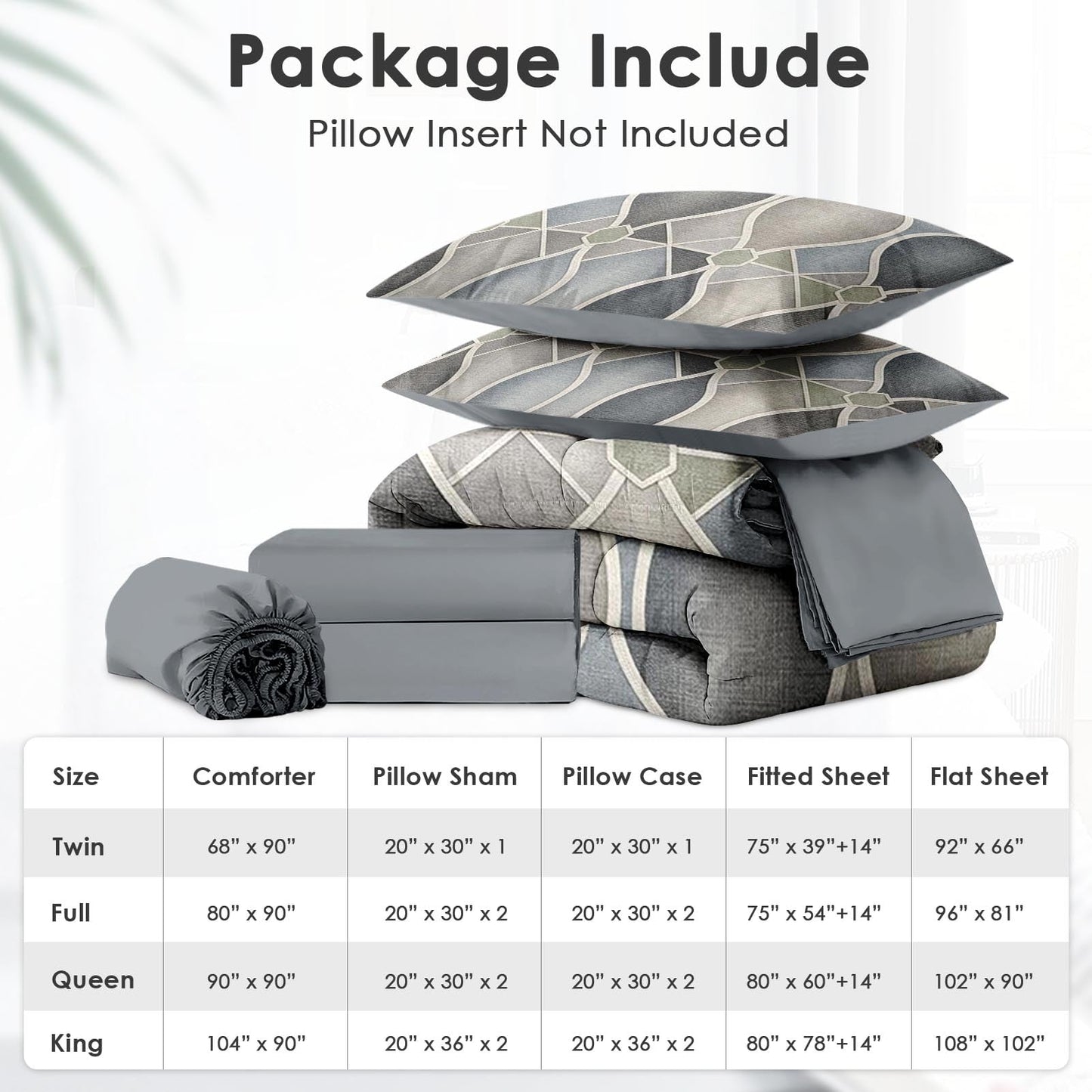 Boewywh Comforter Set Twin Size Geometric Abstract Modern 7 Pcs, Bedding for Kids and Adults, Grey Neutral Bed Sheet Sets with Fitted Sheet 2 Pillowcases & 2 Shams for Bedroom Bed Decor