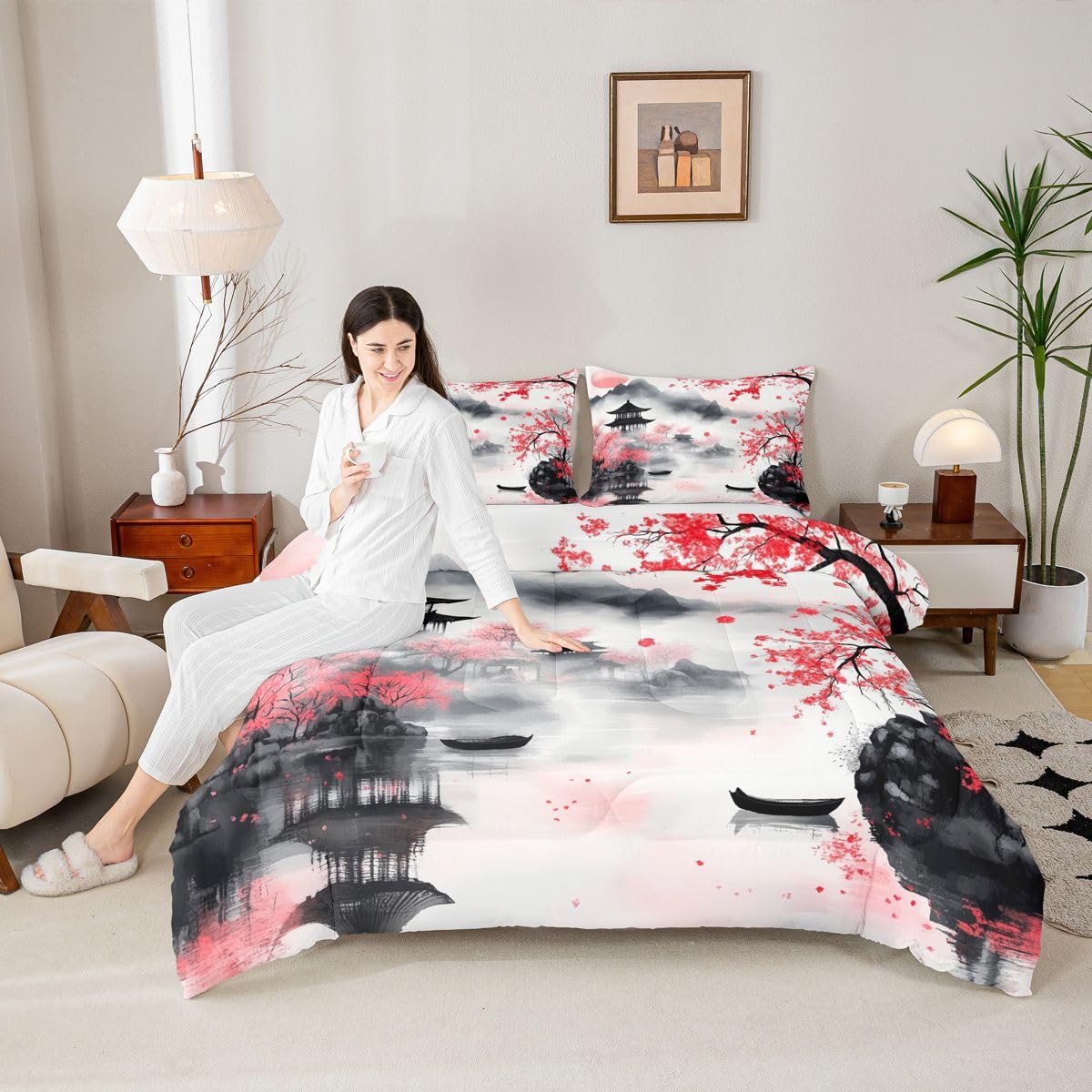 jejeloiu Chinese Ink Painting Bedding Set Soft for Boys Girls, Cherry Blossom Comforter Set Queen Size Mountain Duvet Quilt Microfiber Japanese Style Bedroom Decor 3 Pcs with 2 Pillow Cases