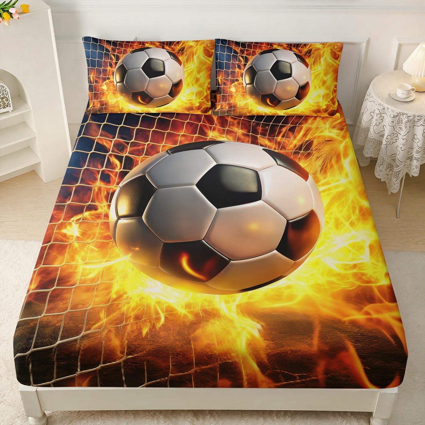 HOSIMA Soccer Twin Bedding Sets for Kids,Soccer Wrapped in Fire Kicked into Goal,Lightweight Sports Themed Football Fitted Sheet for Teens Boys Room Decor,1 Fitted Sheet+2 Pillowcases.