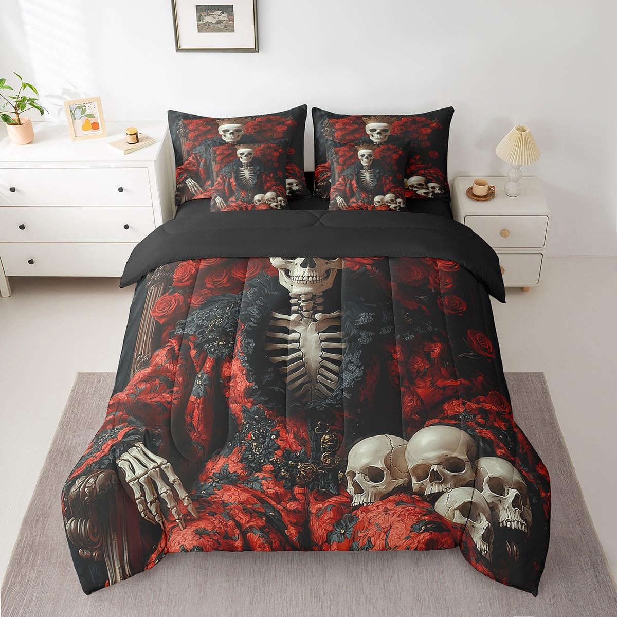 Erosebridal Skull King Bed in A Bag Red Valentine's Day Roses Flowers Comforter Set Full Size for Adults Men Women,Goth Skeleton 7 Piece Bedding Set Romantic Floral Skull Bed Set