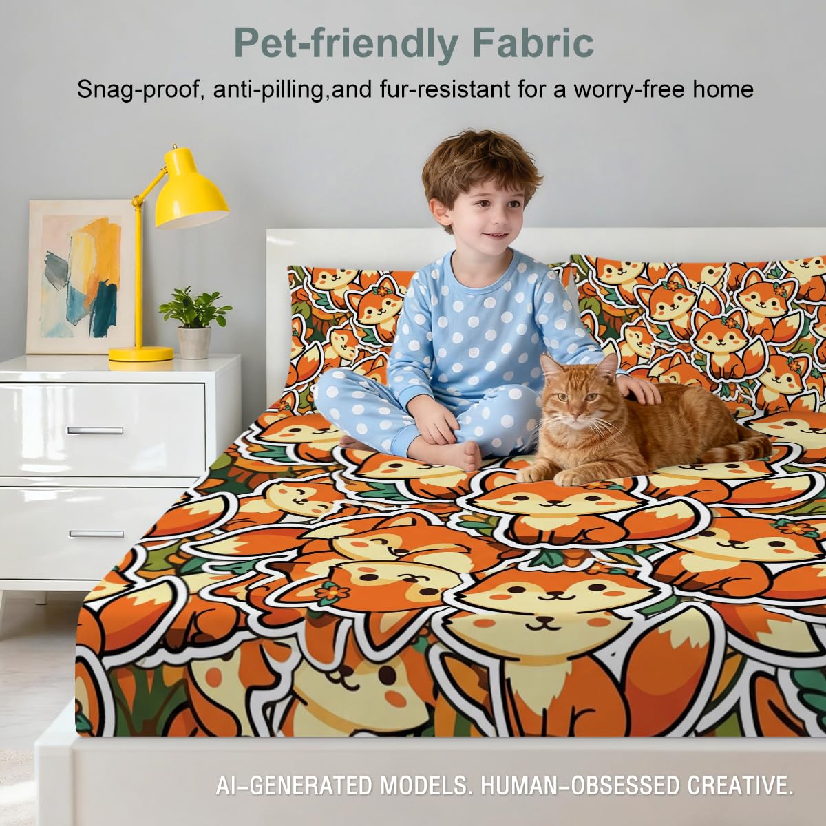 Cute Fox Fitted Sheet Set Twin Size, 3 Pieces Fall Cozy Woodland Animal Bedding for Bedroom Decor, Warm Orange Cartoon Fox Microfiber Deep Pocket Bed Sheets with 2 Pillowcases (No Flat Sheet)