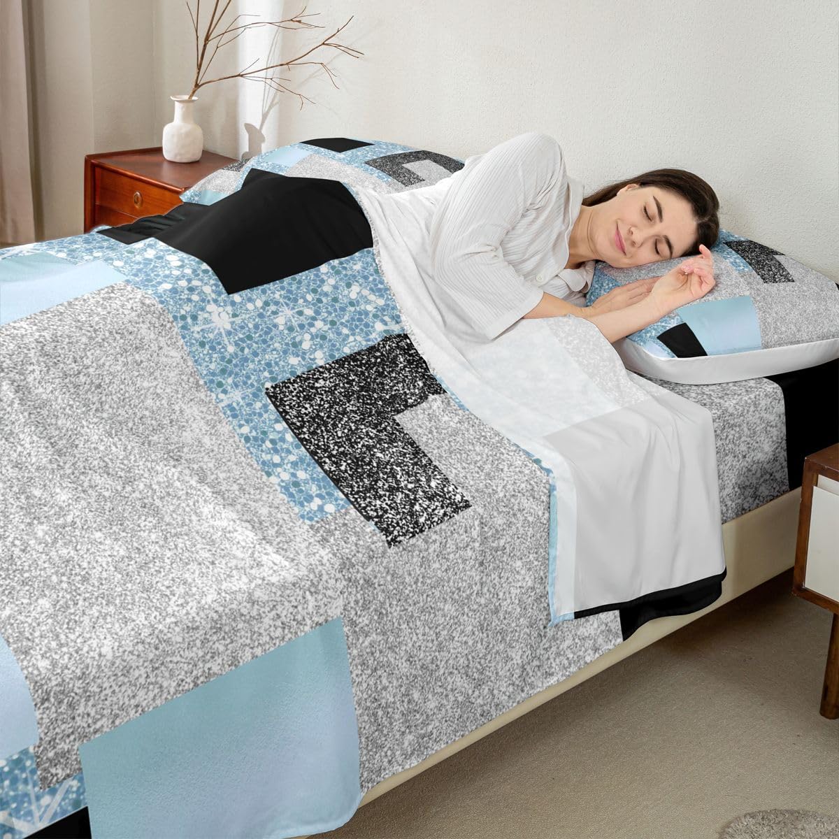 Feelyou Modern Abstract Bed Sheets Set Queen Size Geometric Aesthetic Bed Set for Kids Boys Girls Blue Glitter Deep Pocket Fitted Sheet Breathable Soft Lightweight Microfiber
