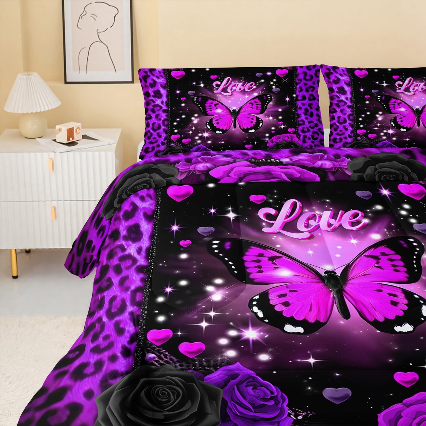 QOOMO 3Pcs Leopard Print Comforter Set Queen Size,Cartoon Butterfly Bedding Set for Teens Boys Girls,Purple Comforter with 2 Pillowcases,Soft and Lightweight