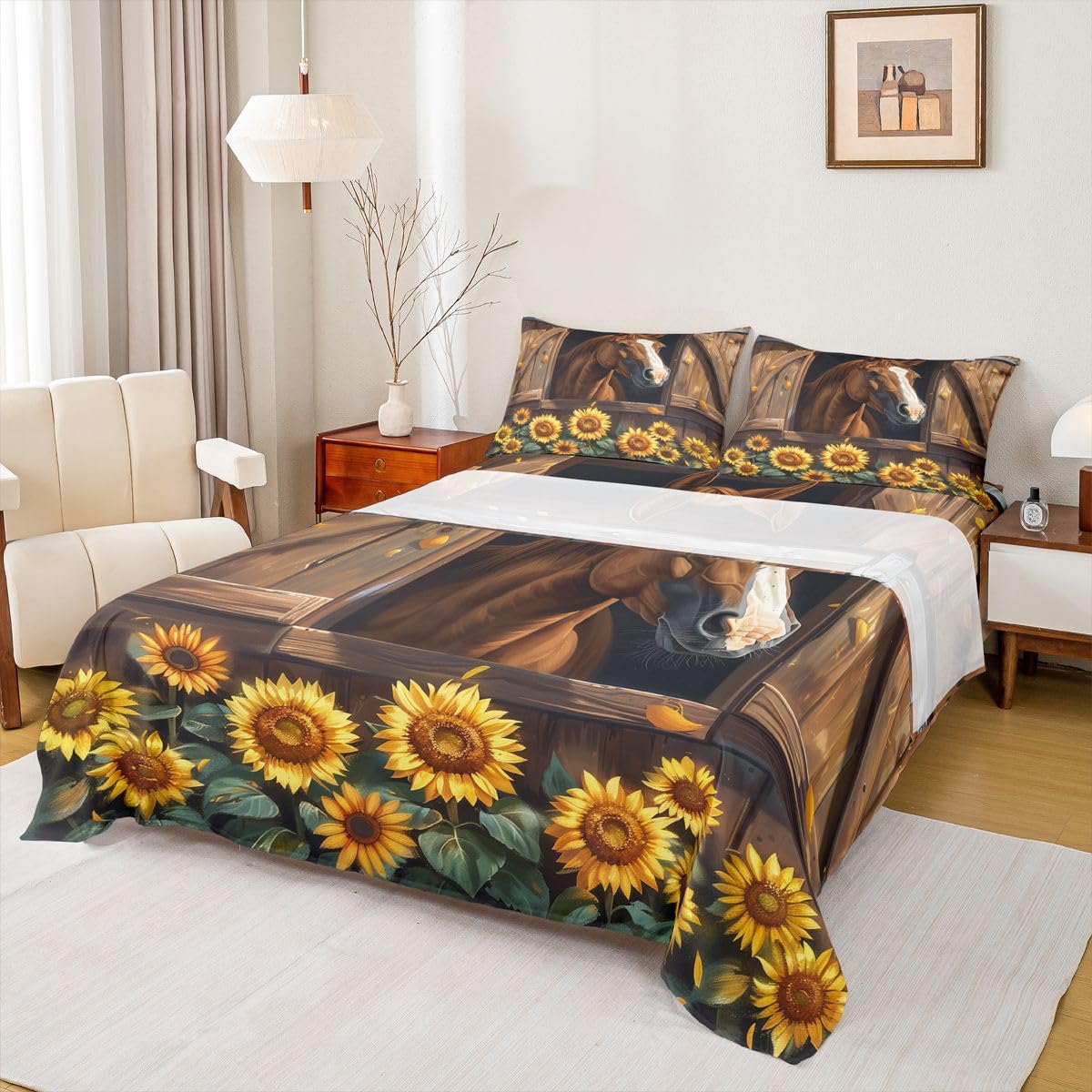 jejeloiu Farm Horse Bed Sheets Set Queen Size Brown Wood Grain Print Bed Set for Kids Boys Girls Sunflower Animal Deep Pocket Fitted Sheet Country Farmhouse Breathable Soft Lightweight Microfiber