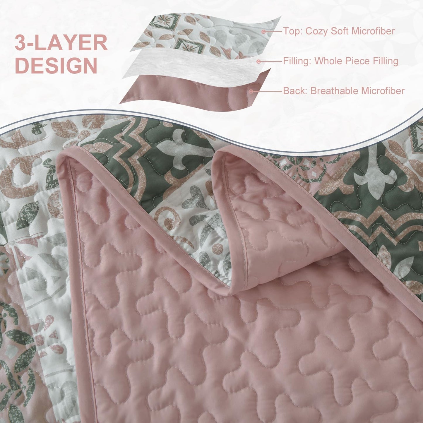 Dobuyly Blush Quilt Set Queen Size, Boho Patchwork Plaid Bedspread Coverlet Set, 3 Pieces Soft Microfiber Farmhouse Quilt Bedding Set Lightweight Bed Cover for All Seasons 96"x90"