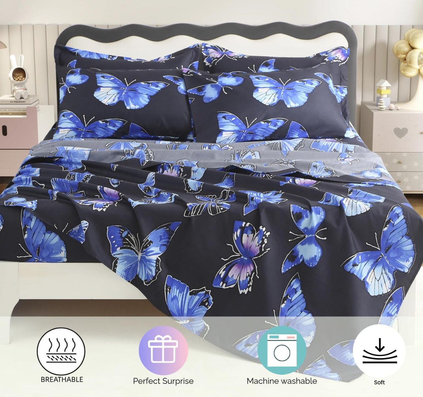 SDY 7PCS Butterfly Bedding Twin Bed in A Bag Twin Girls Boys and Kids with Butterfly Comforter, Flat Sheet, Fitted Sheet and Pillowcases & Shams