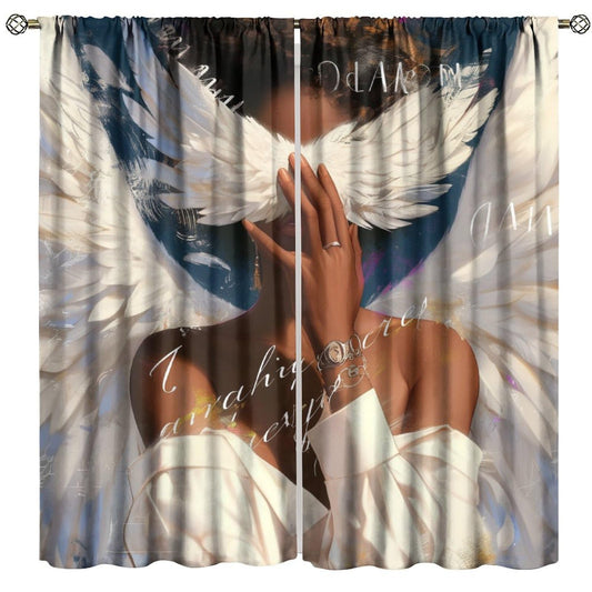 BenYaSong Vintage African American Decor Window Curtain Retro Black Girl White Angel Wings Curtain Abstract Black Women for Home Kitchen Livingroom Coffee Room Window Curtain 2Panel 42" W X 45" L