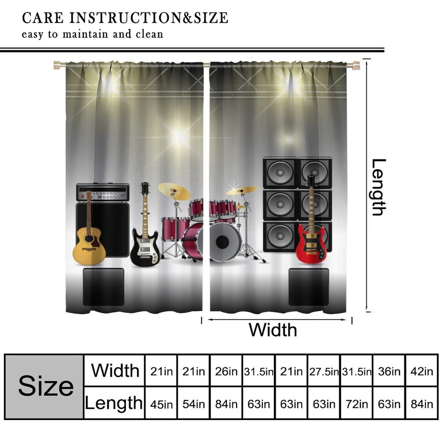 Djaby Rock Music Curtains, Teens Boys Electronic Musical Instrument Curtain Guitar Drum Speaker Window Drapes for Bedroom Living Room 42" W X 45" L(No Blackout)