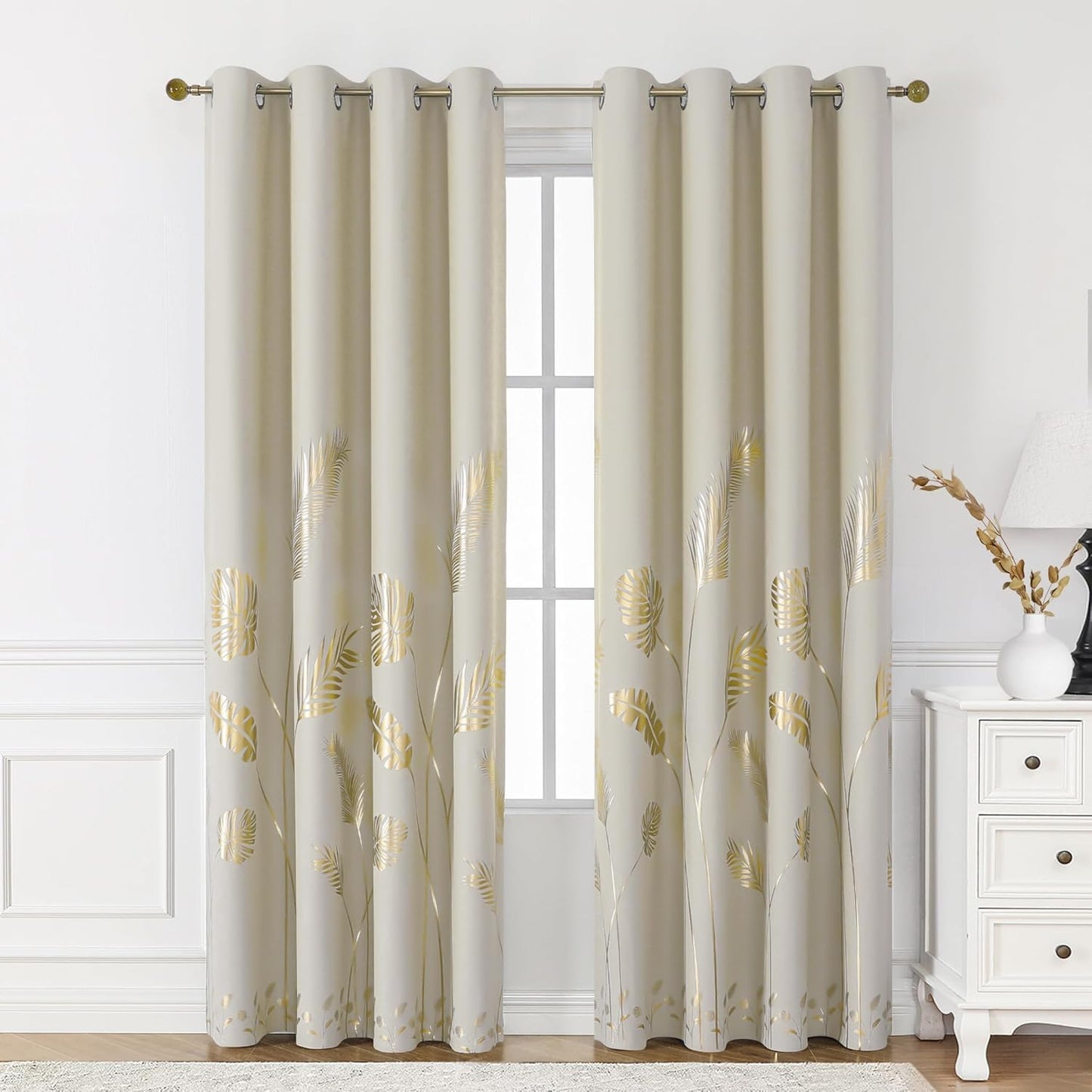 BUHUA Blackout Curtains 72 Inches Length Gold Palm Pattern Designed Window Drapes Room Darkening Noise Reducing Thermal Insulated Curtains, 52W x 72L, Natural, Set of 2 Panels