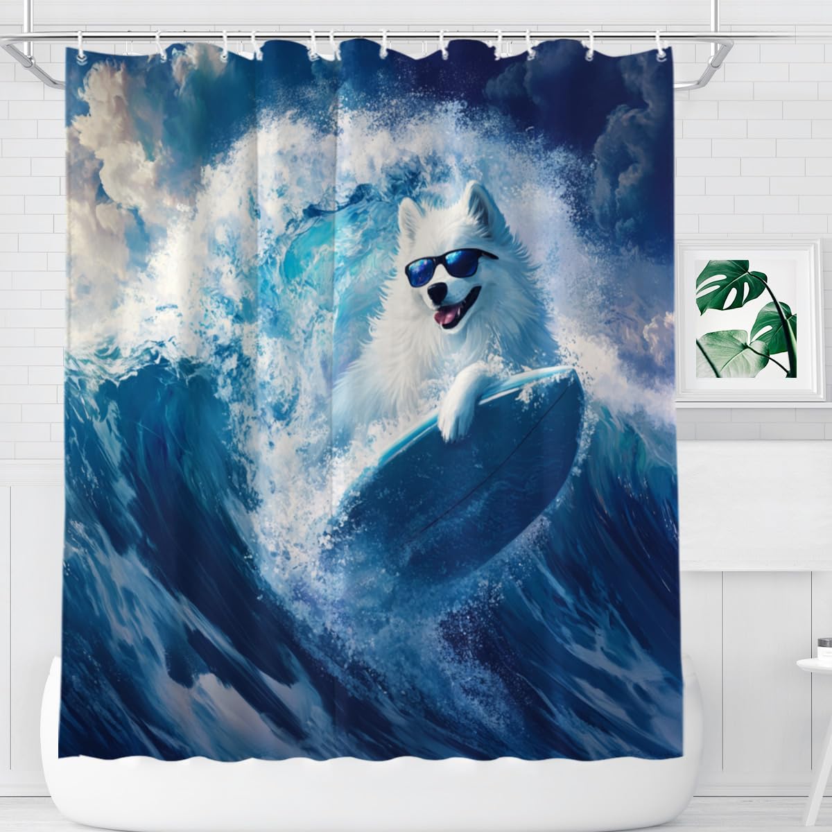 KEEPAEON Surfing Samoyed Shower Curtain, 72x72 Inch, Waterproof Polyester Fabric with 12 Hooks, Fun Beach-Themed Bathroom Decor Summer Shower Curtain