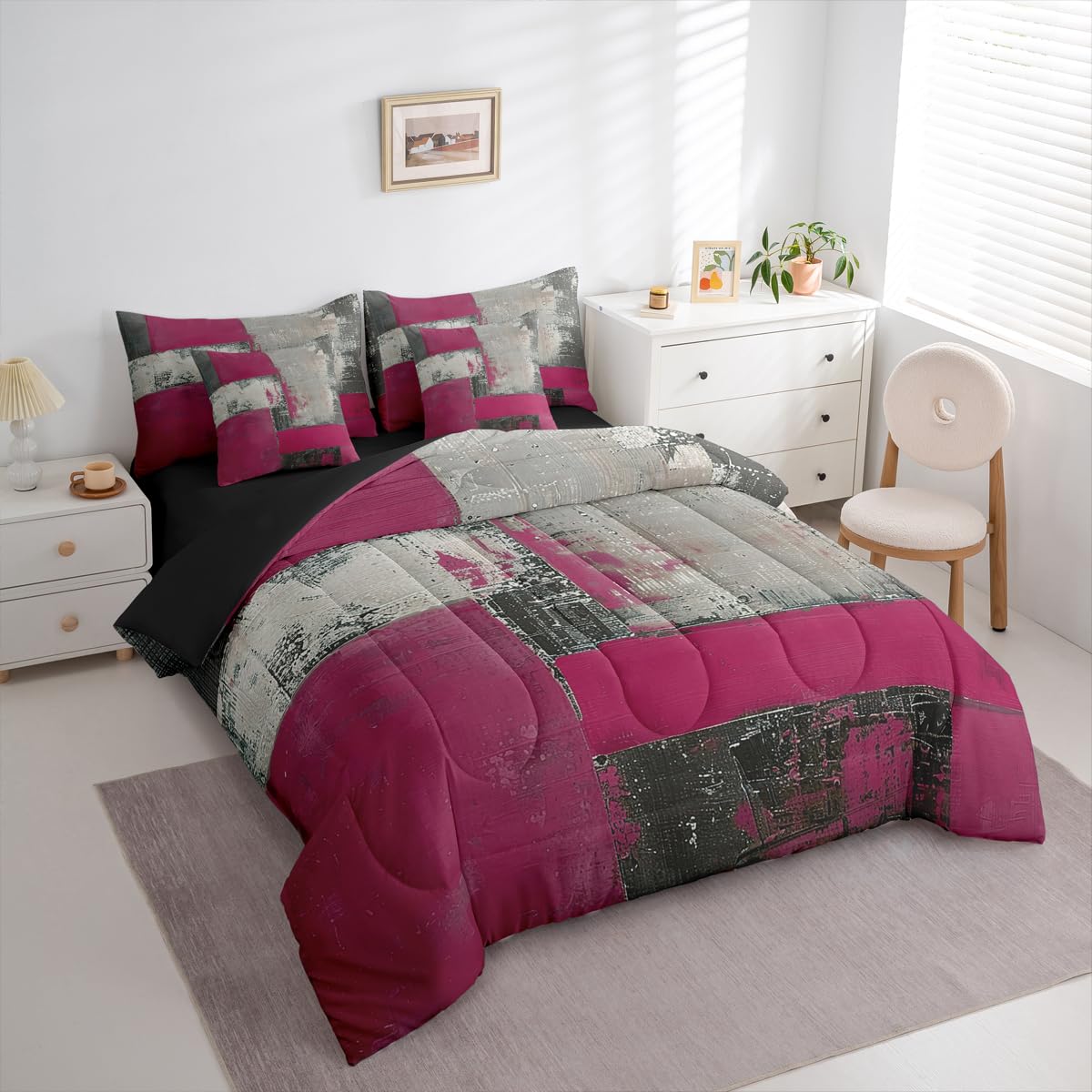 Feelyou Abstract Comforter Set with Sheets 7 Piece King Size Modern Abstract Art Bedding Set for Kids Boys Girls Luxury Bed in a Bag Geometric Room Decor Gray Rose Soft Lightweight Microfiber