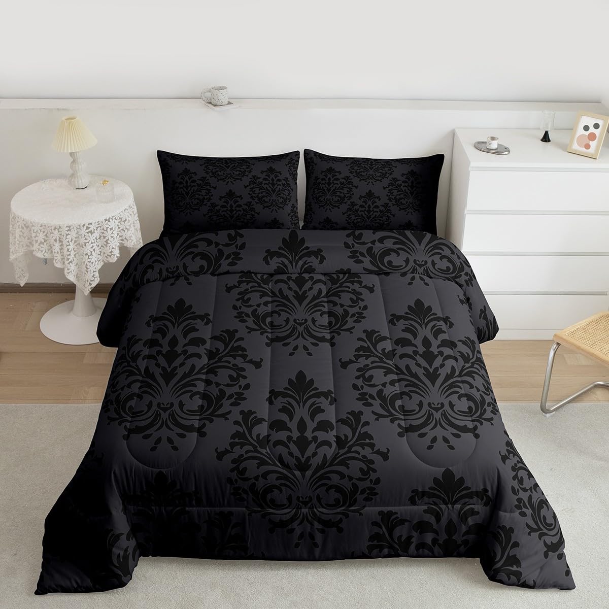jejeloiu Damask Pattern Bedding Set Soft for Boys Girls, Floral Printed Comforter Set Queen Size Bohemian Damask Print Duvet Quilt Microfiber Baroque Style Bedroom Decor 3 Pcs with 2 Pillow Cases